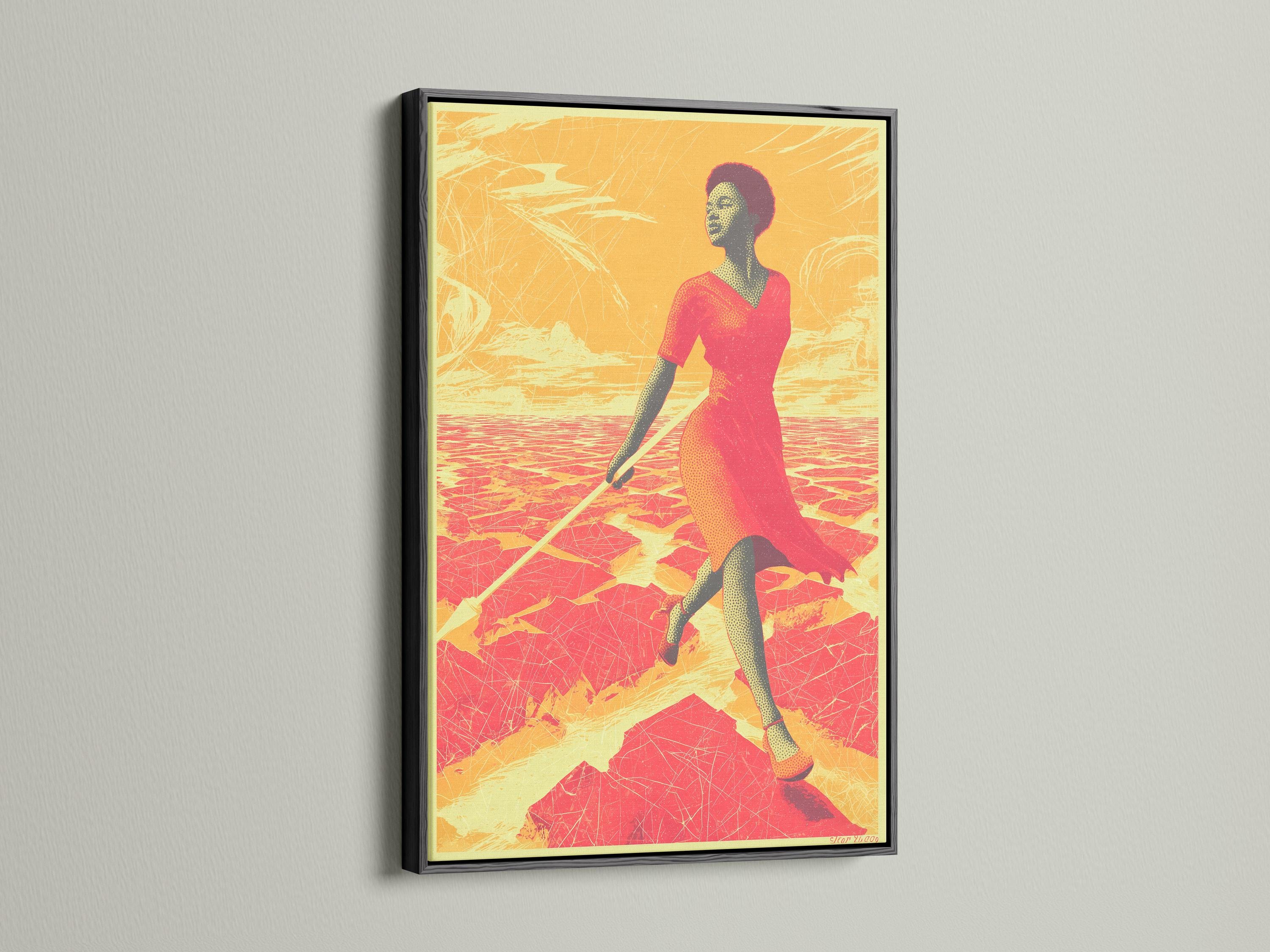 Red and gold desert scene with a woman in profile walking forward detail view