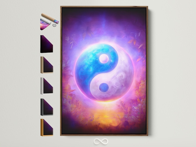 Glowing yin-yang symbol in blue and white with a purple cosmic background