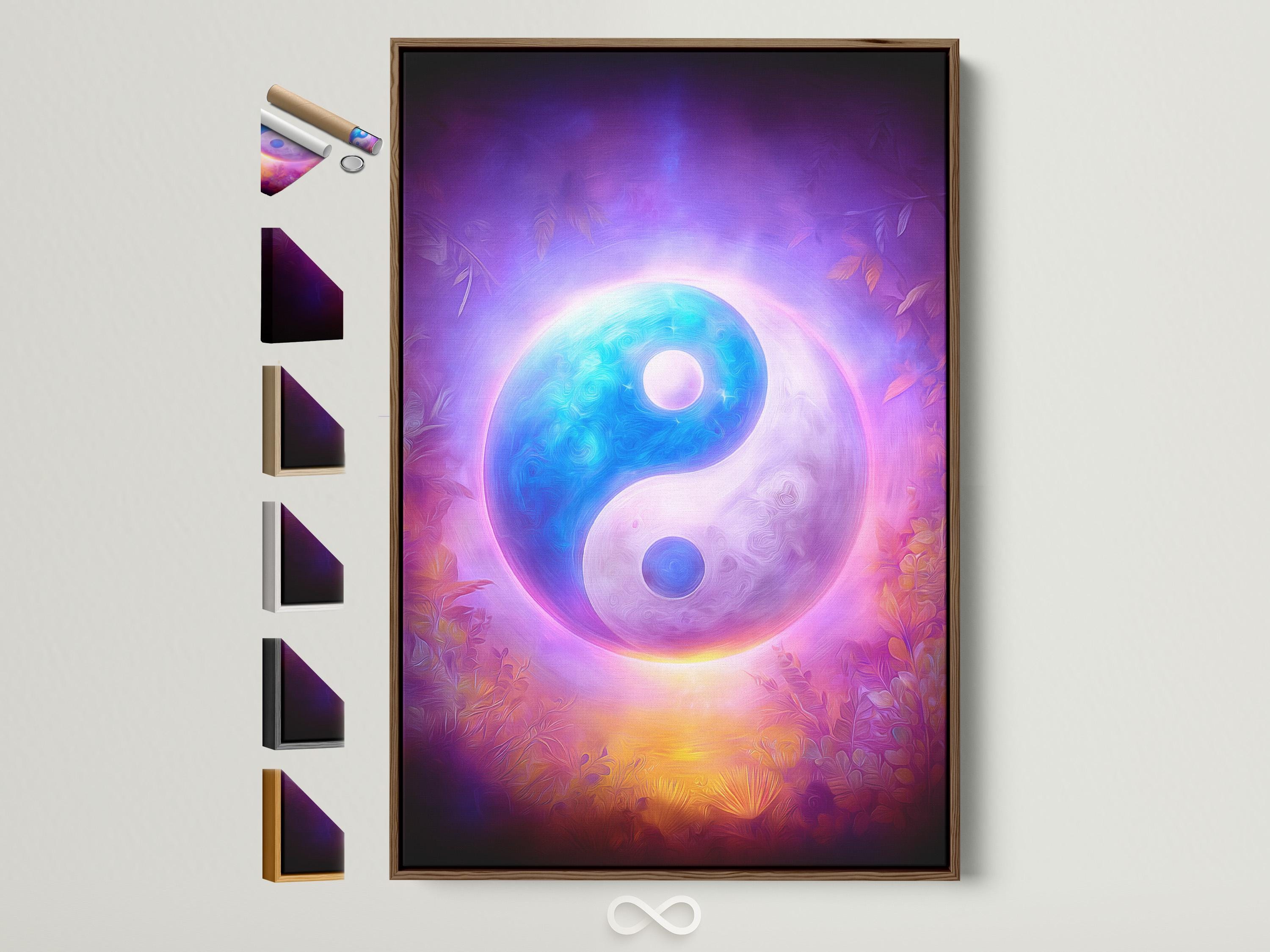 Glowing yin-yang symbol in blue and white with a purple cosmic background