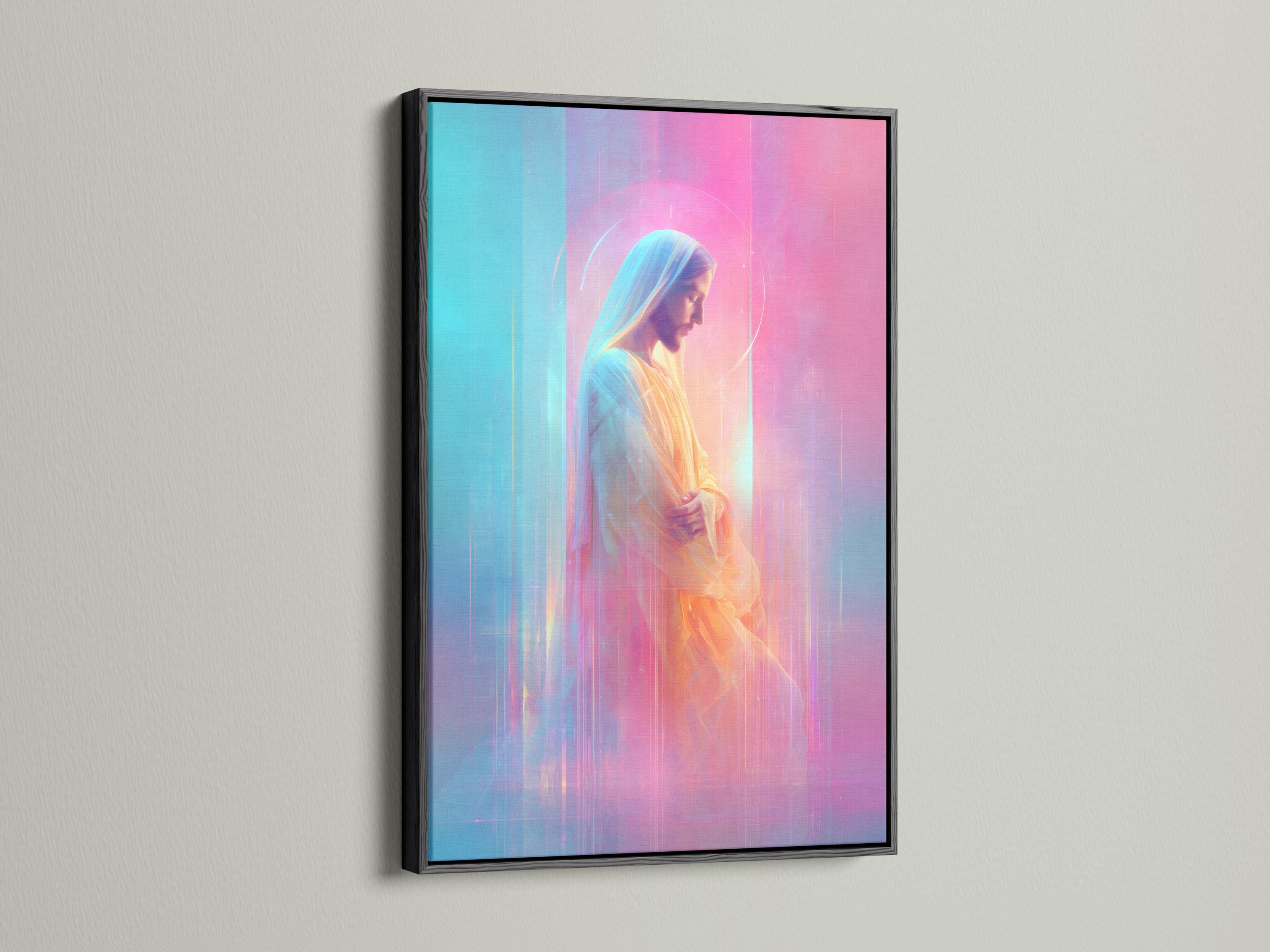 Stylised Jesus Christ portrait in profile with a glowing halo, pink and aqua background detail view