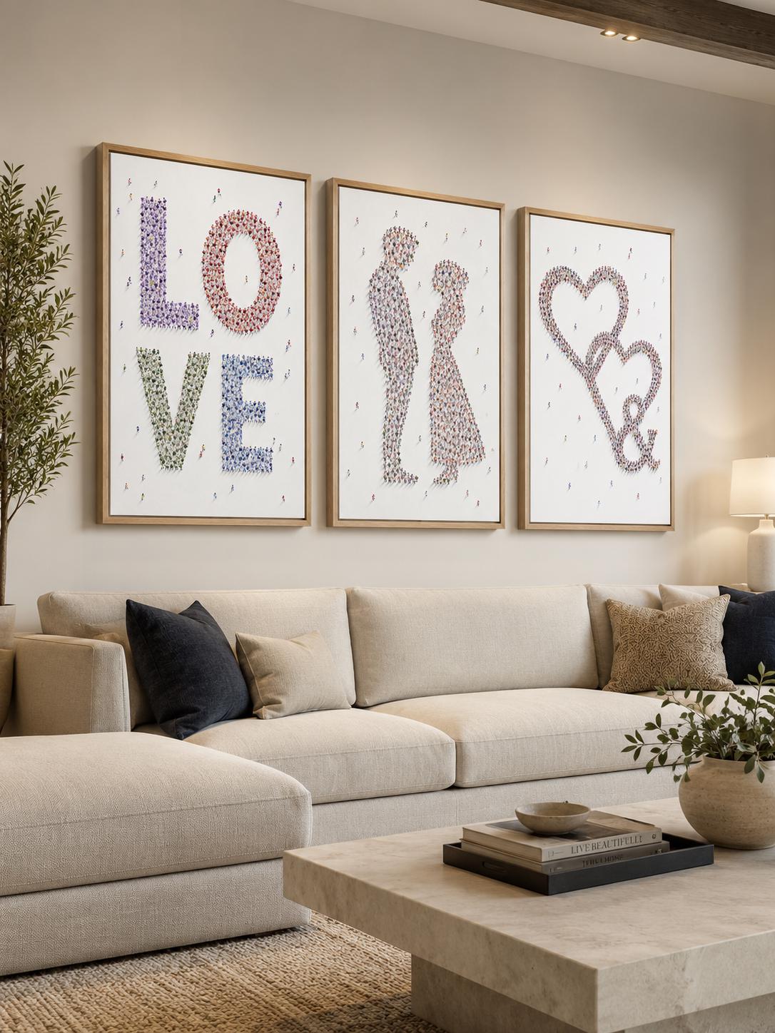 A love-themed typographic set shows “LOVE” with small heart details and two human couple silhouettes made from repeating tiny figures detail view