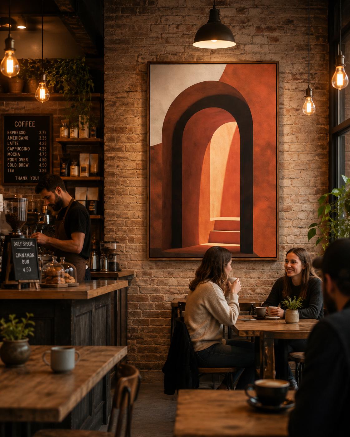Woman holding a mug standing beside an abstract arch wall artwork in warm terracotta tones