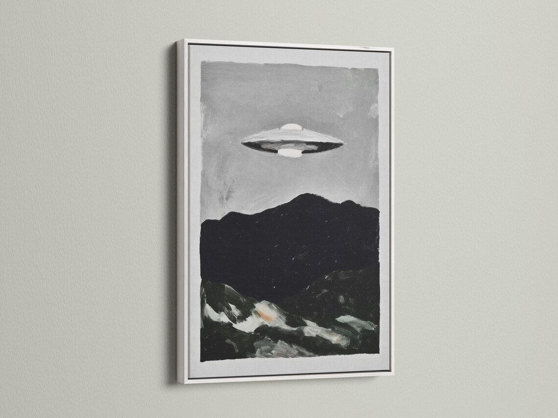Monochrome painting of a UFO hovering above a dark mountain landscape detail view