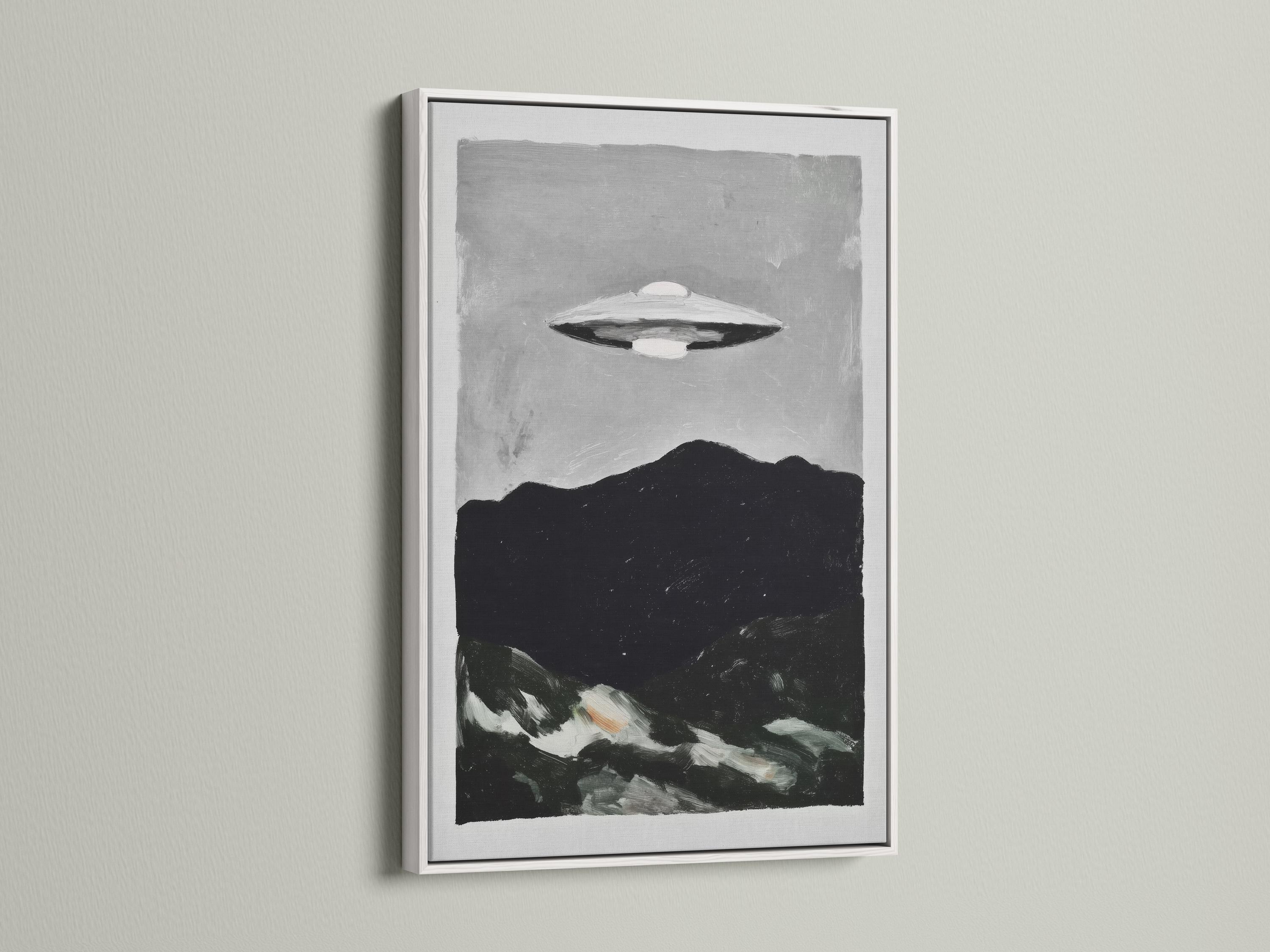 Monochrome painting of a UFO hovering above a dark mountain landscape detail view