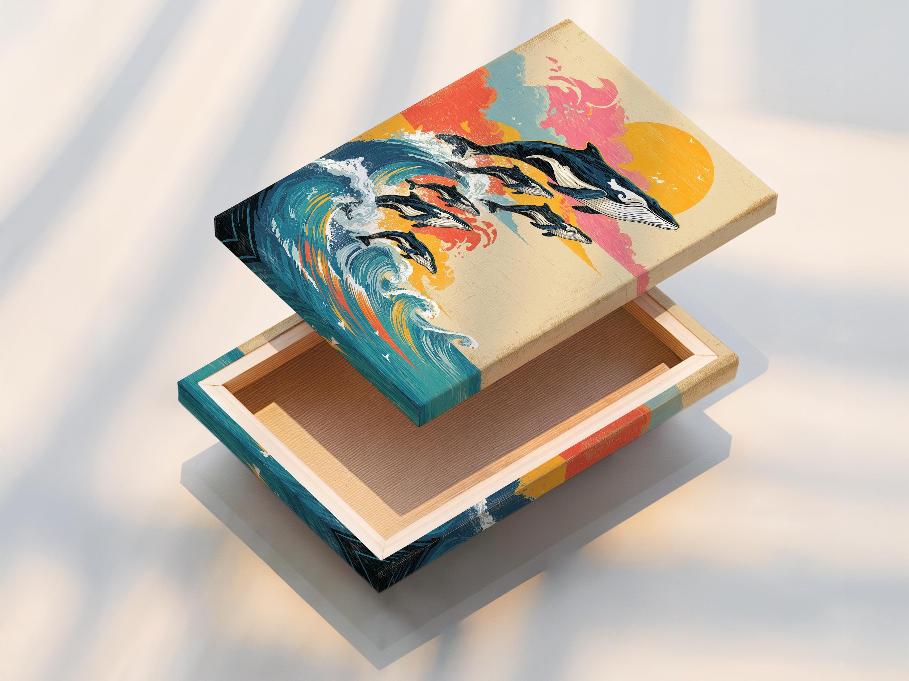 Retro ocean artwork with stylised whales jumping through foamy waves under a large orange sun detail view