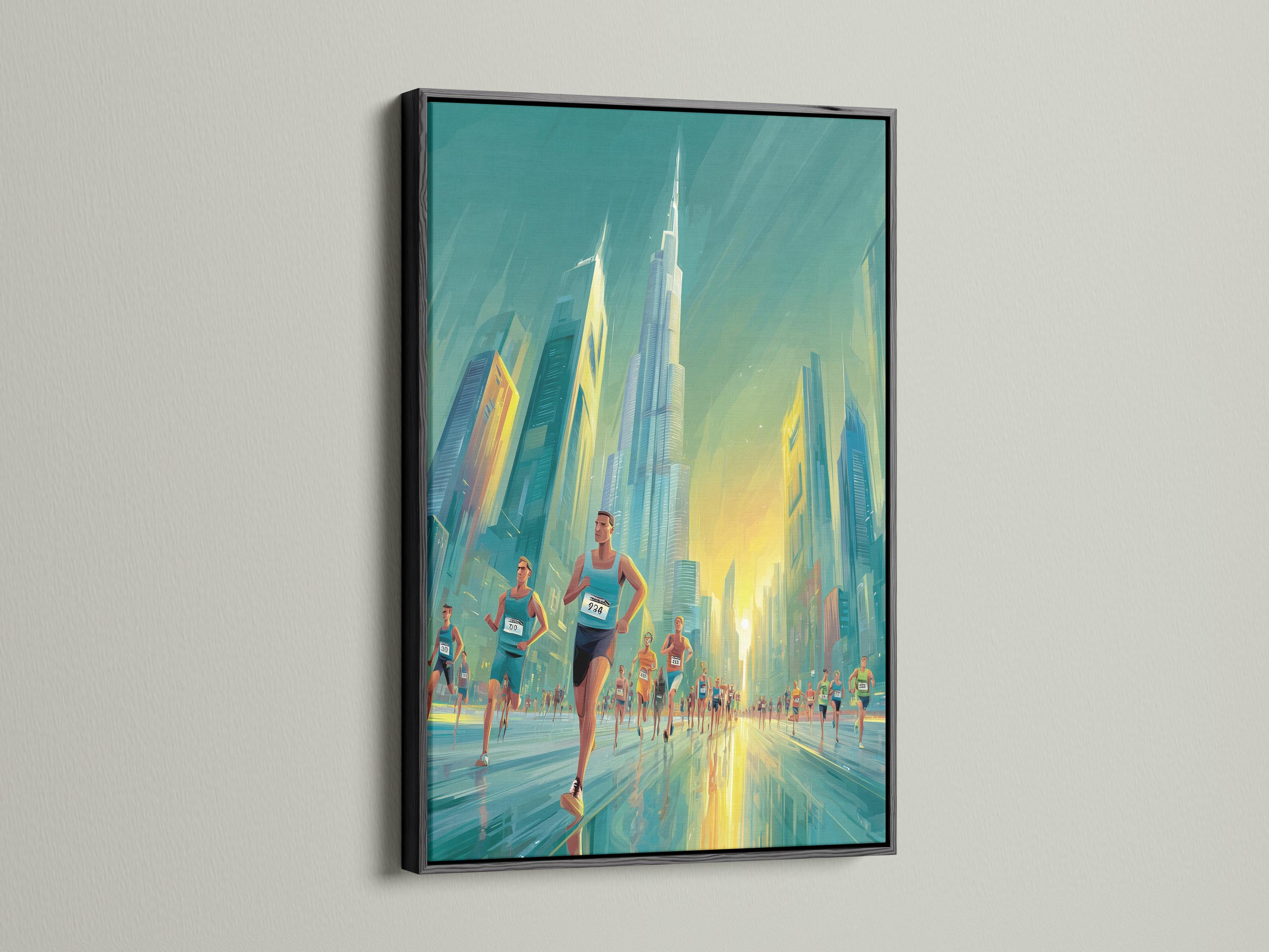Teal and yellow marathon city scene with runners running between skyscrapers detail view
