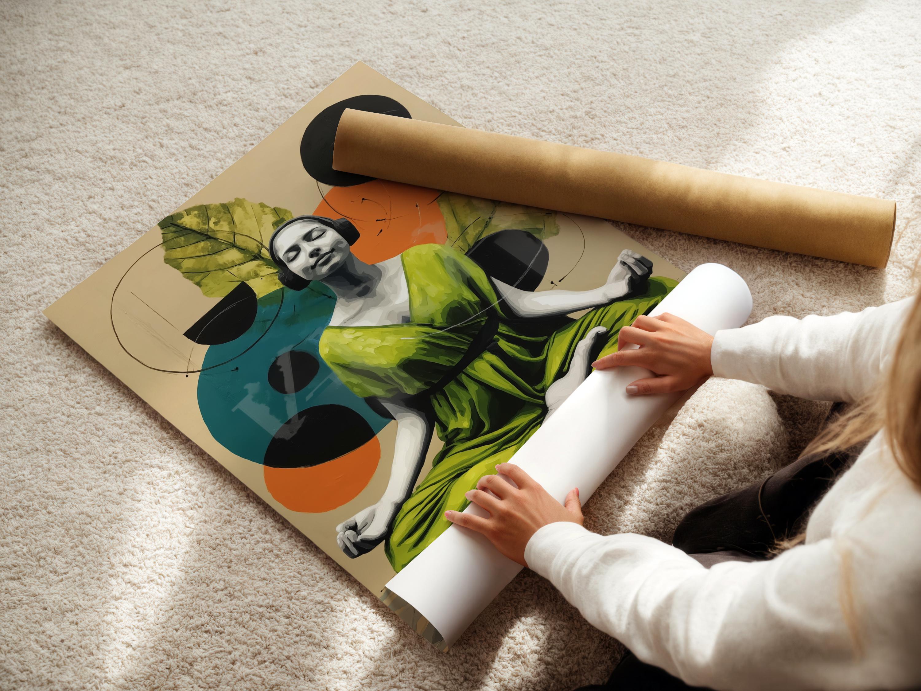 Seated woman in a yoga pose with botanical leaves and overlapping circles in lime green and orange detail view