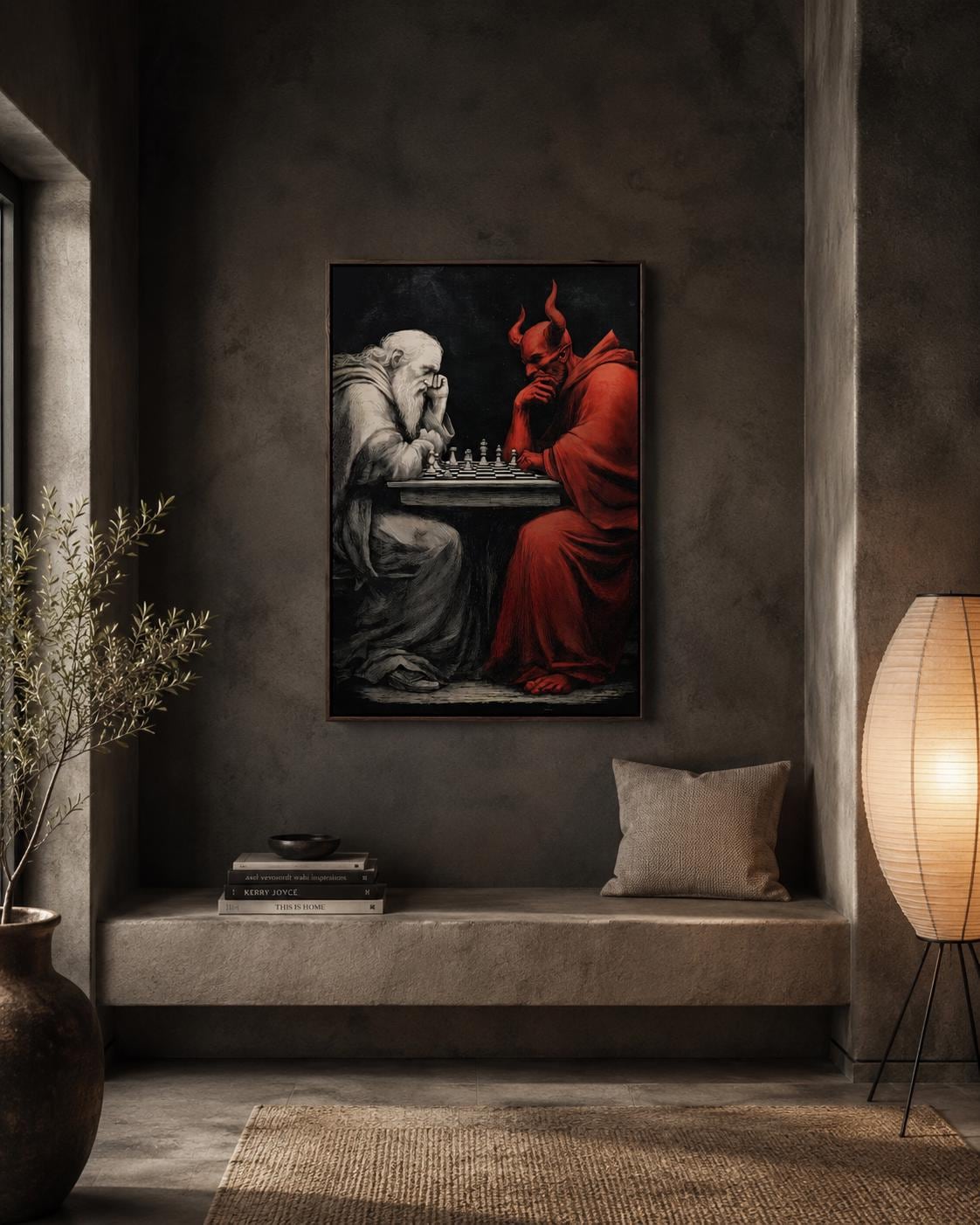 Chess duel scene with a pale angel-like figure facing a red horned devil over chess pieces detail view