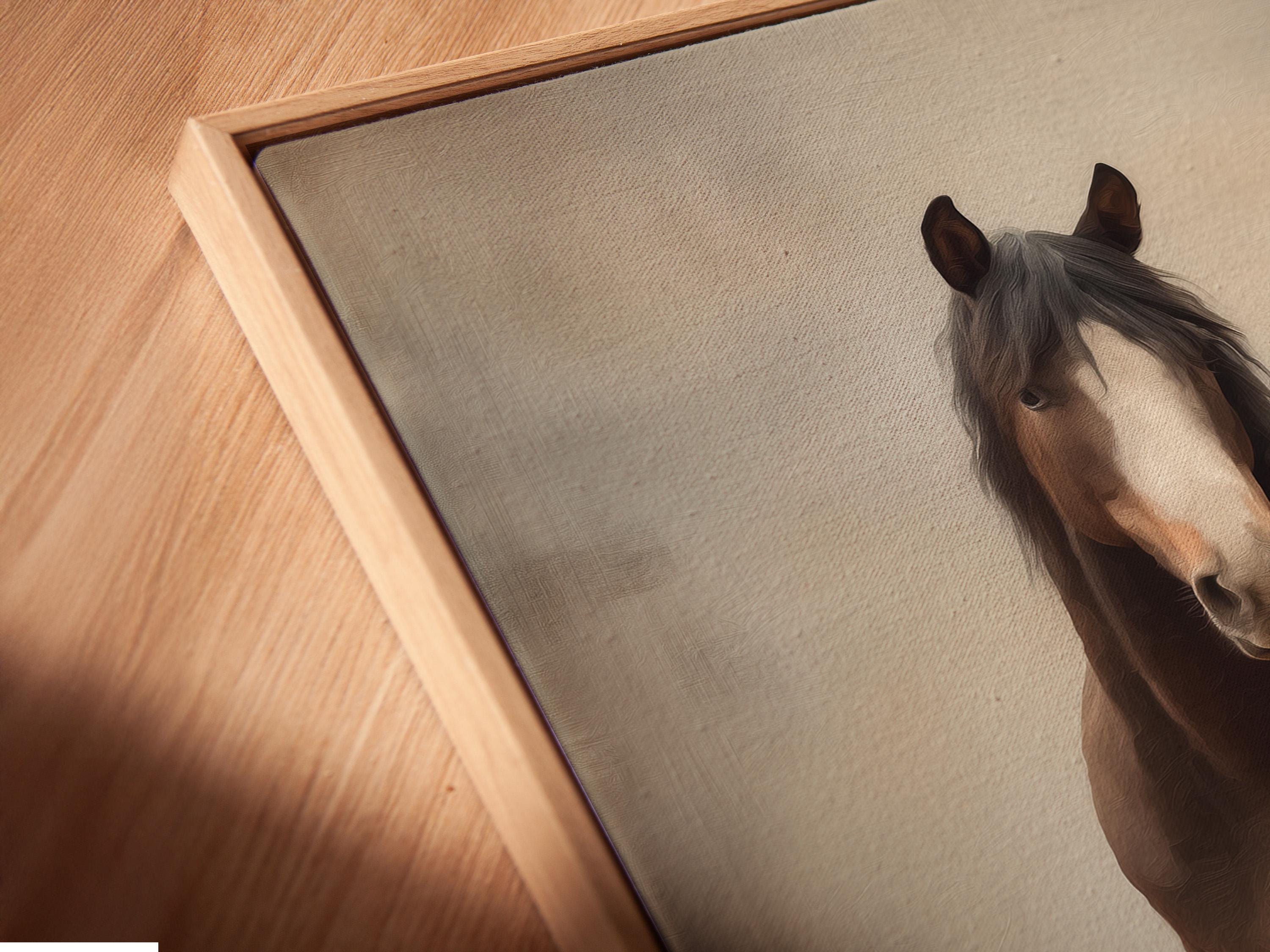Room mockup showing a framed brown horse portrait artwork on a beige wall