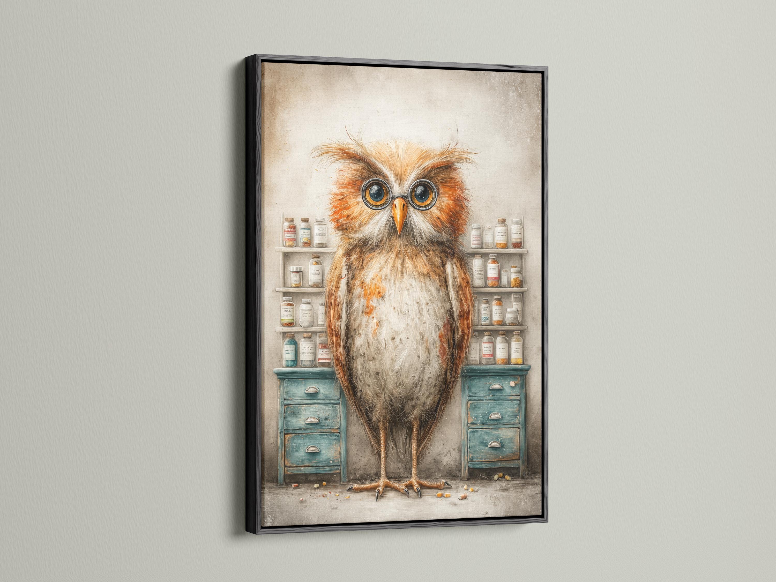 Bespectacled owl with round glasses in a vintage apothecary scene with shelves of jars and teal drawers detail view