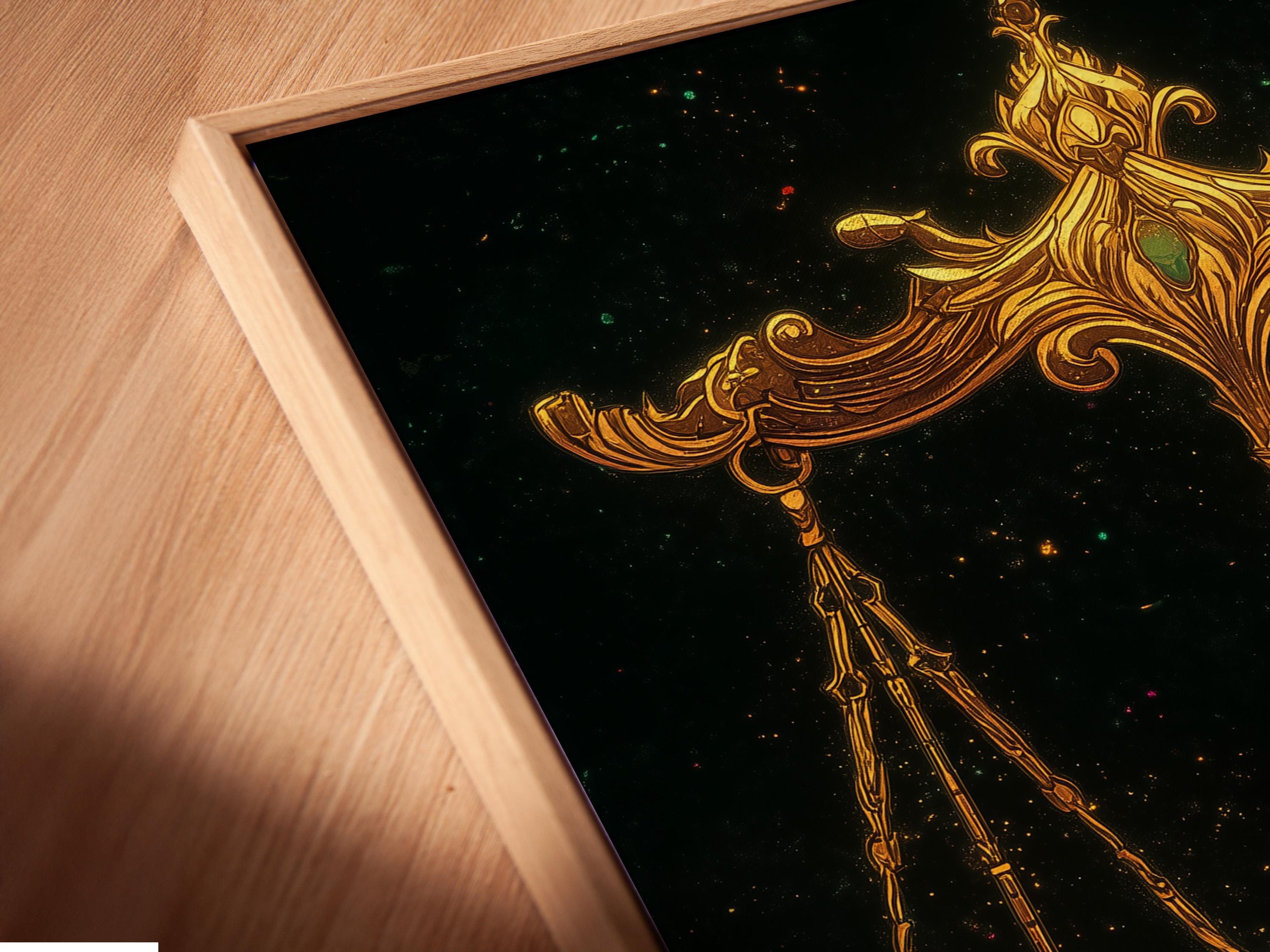 Ornate gold balance scales with emerald-green accents on a dark starry background detail view