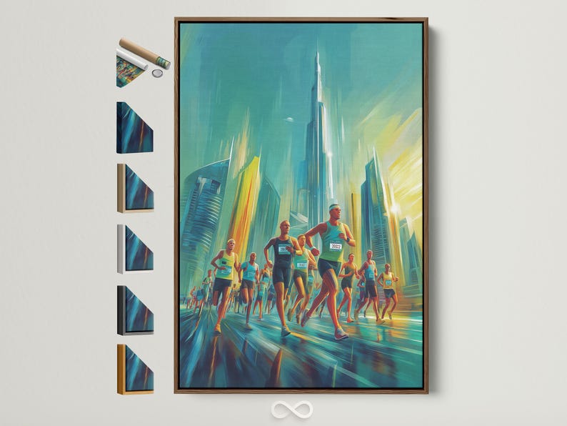 Teal urban marathon scene with runners in motion and a hazy city skyline