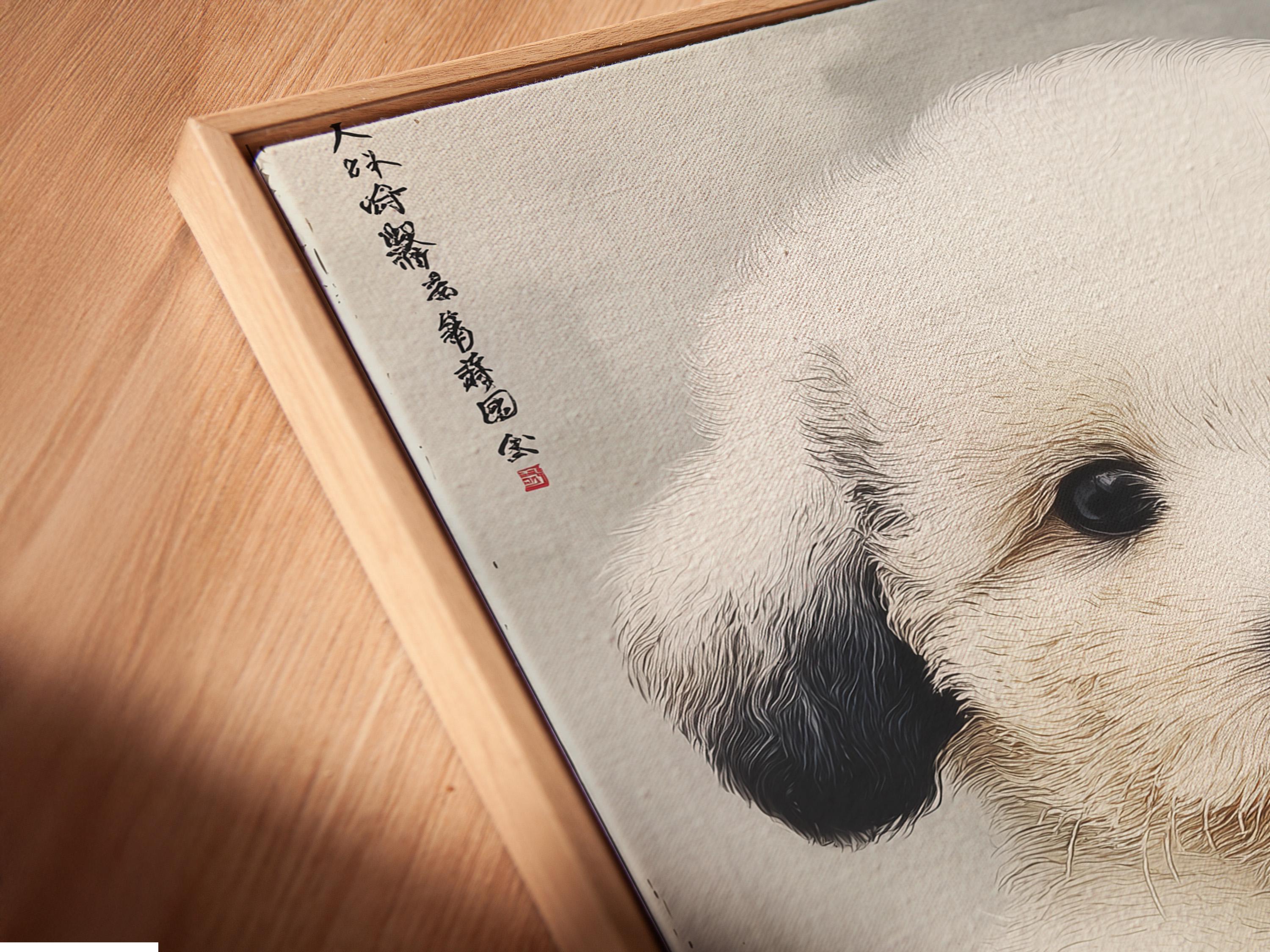 Textured cream puppy portrait with dark ears and faint characters in the top-left detail view