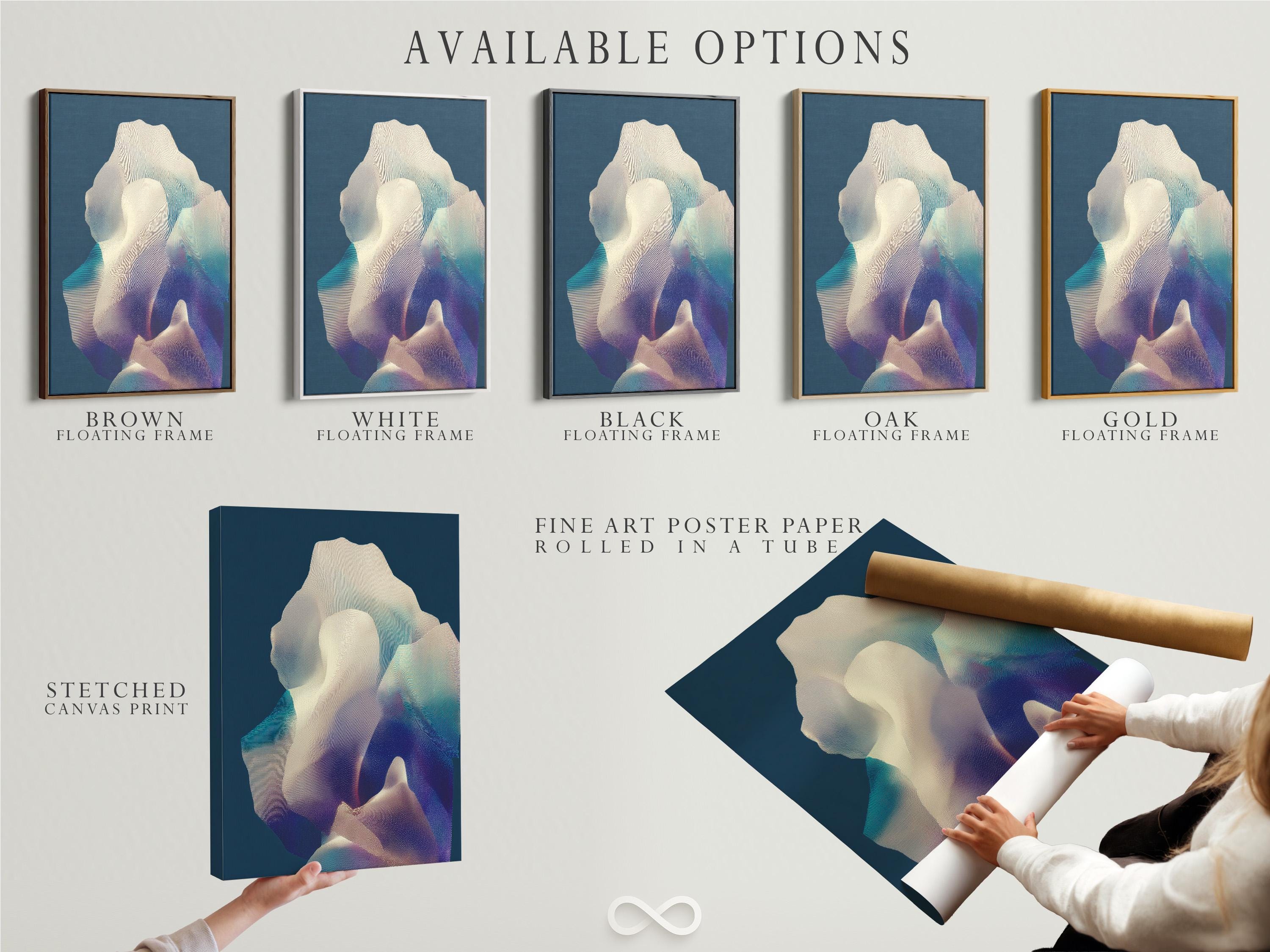 Room mockup showing navy blue abstract artwork on a wall with several frame options nearby