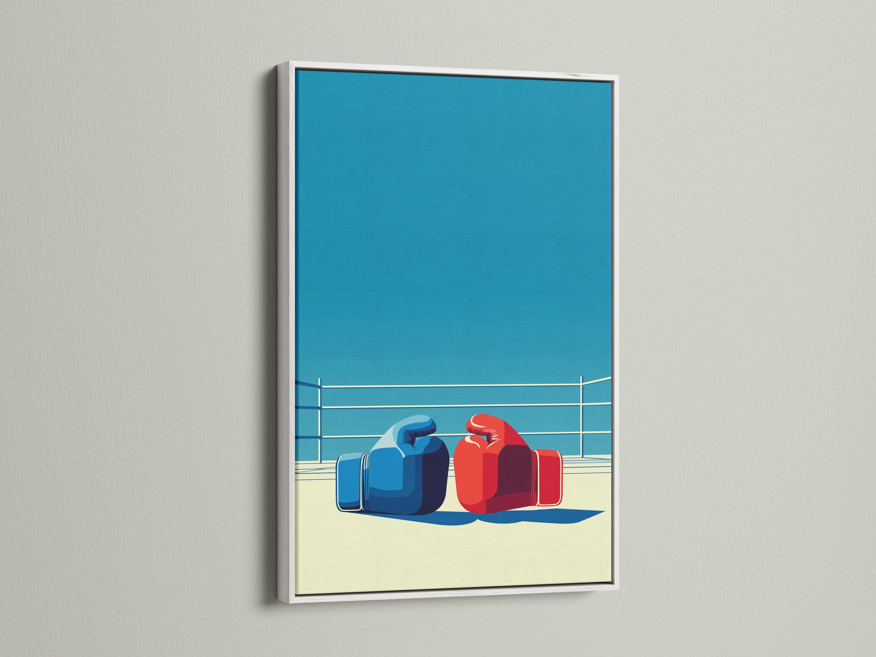 Wall mockup showing a framed boxing ring artwork with blue and red gloves and white ropes