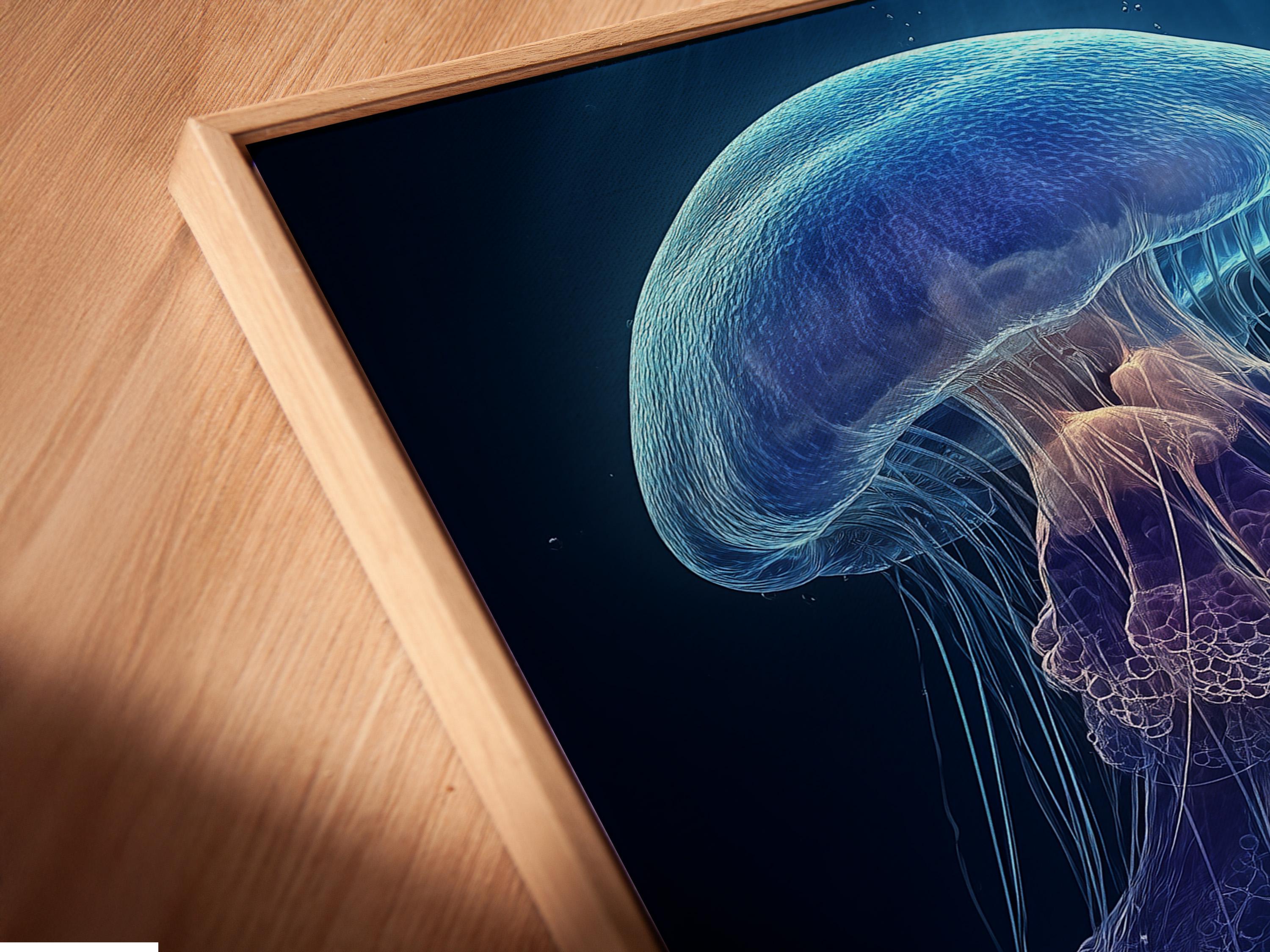 Room mockup showing a framed jellyfish artwork on a wall