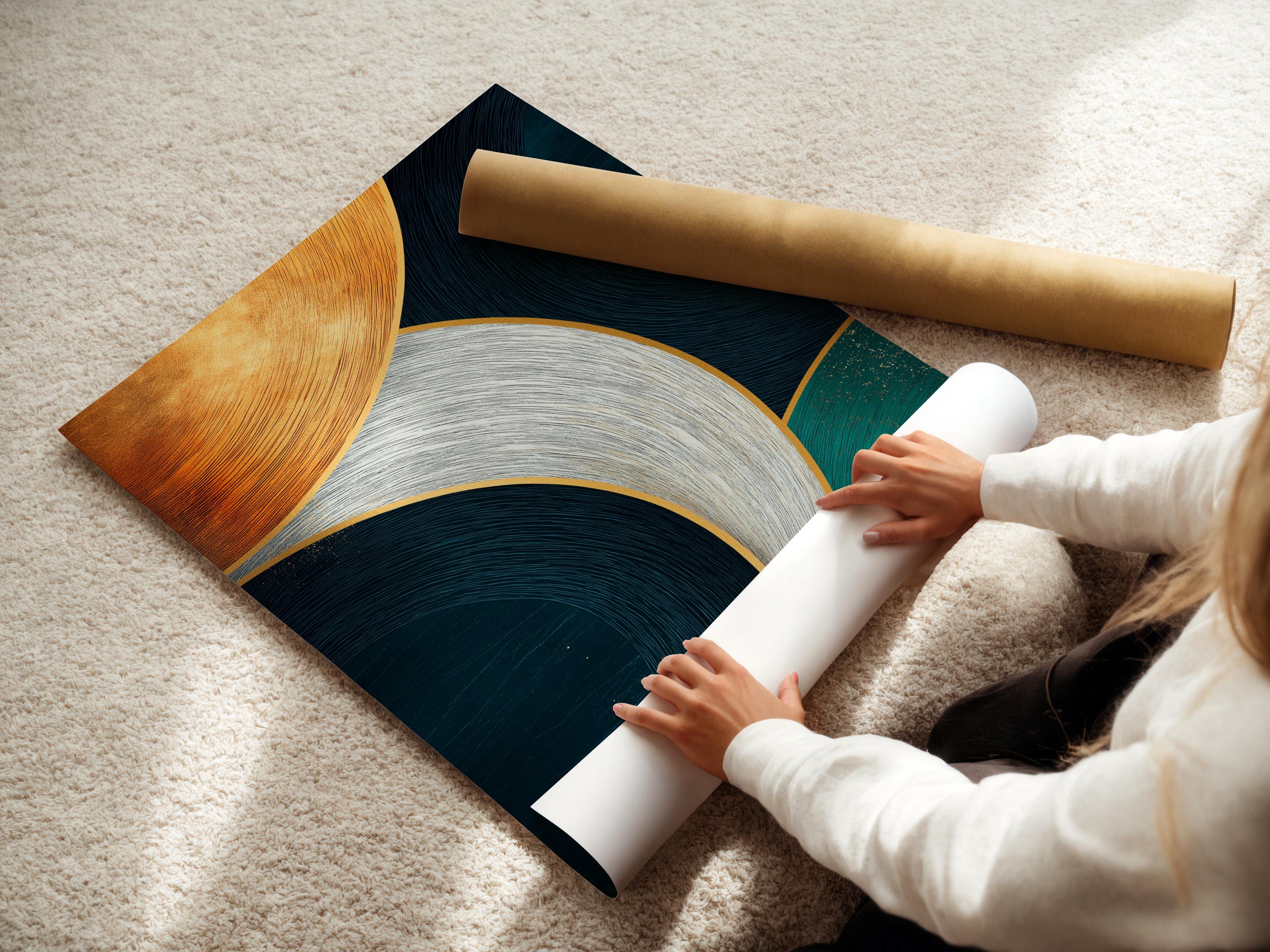 Abstract geometric artwork with teal and navy curved circles and gold outlines detail view
