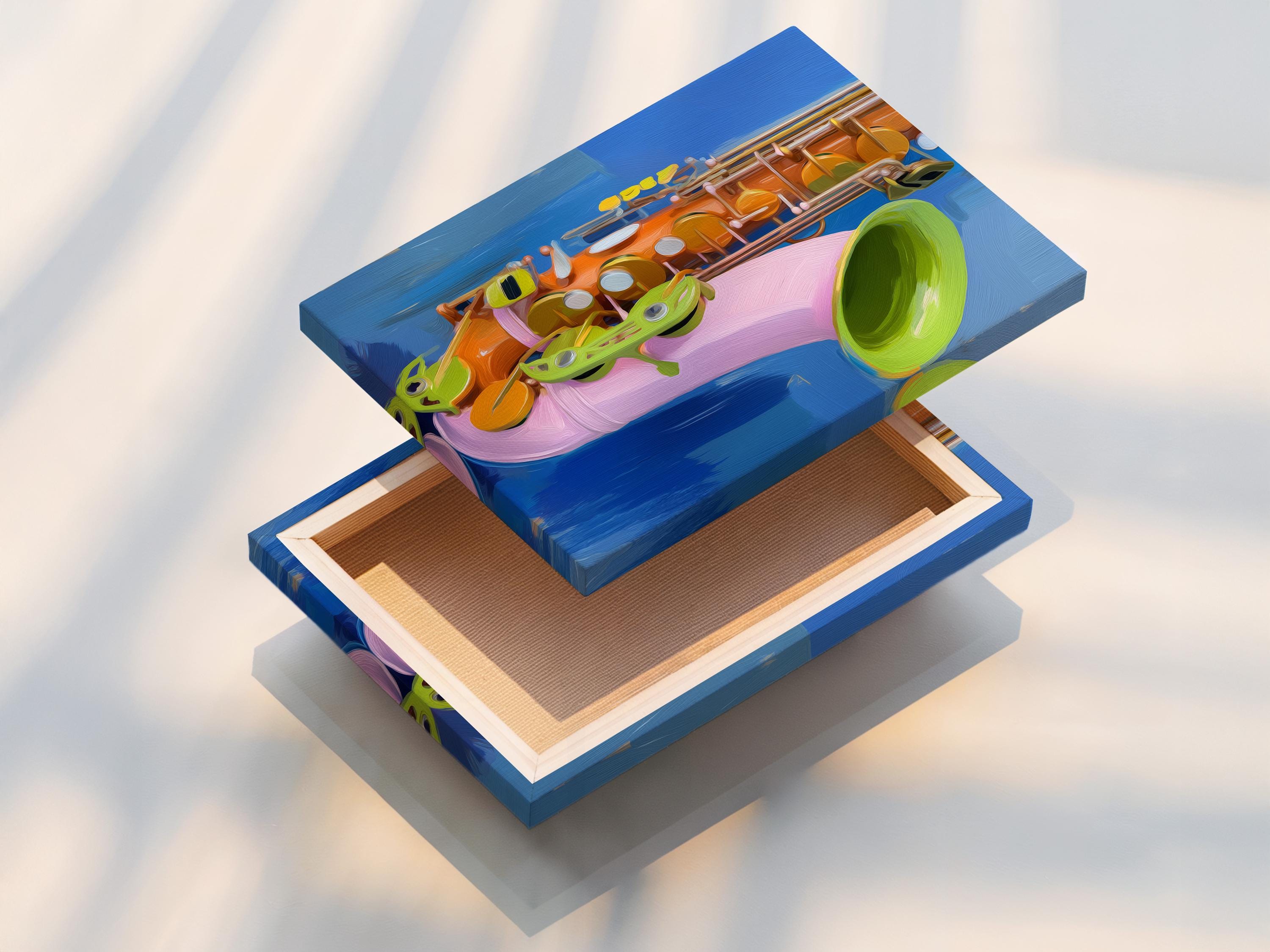 Abstract saxophone illustration with deep blue background, orange, green and pink accents detail view