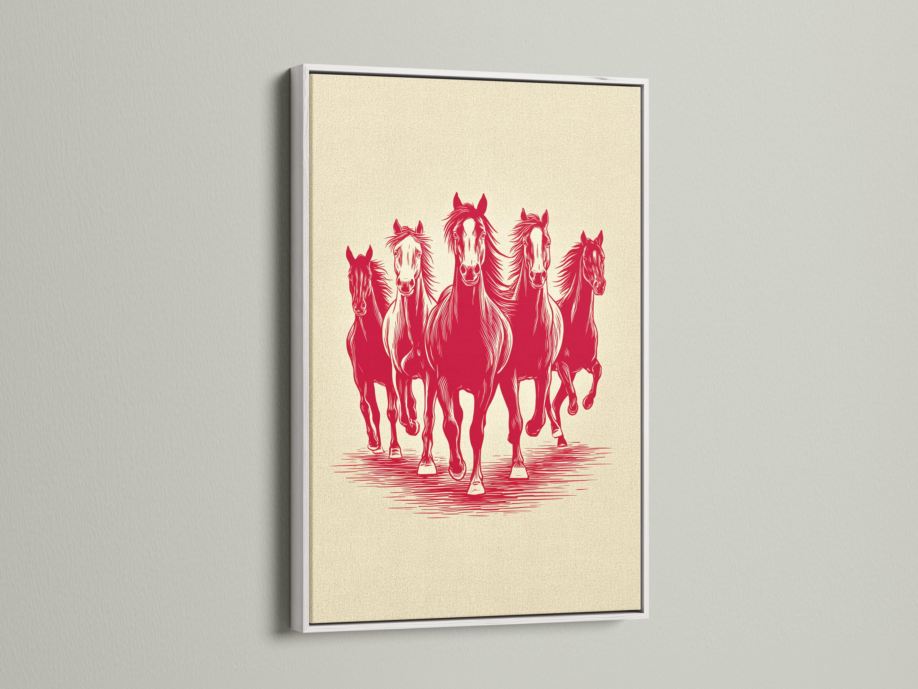 Red silhouette of four running horses on a cream background with striped ground detail view