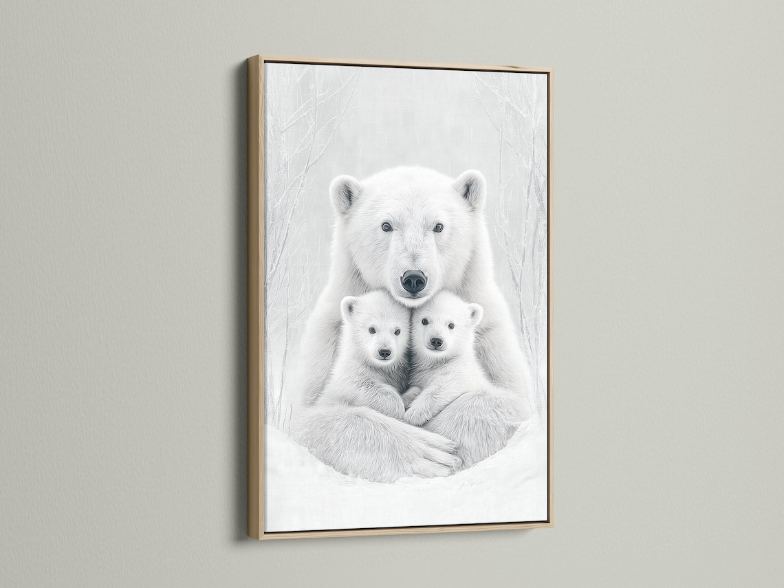 Monochrome polar bear mother and two cubs with faint winter tree-branch outlines detail view