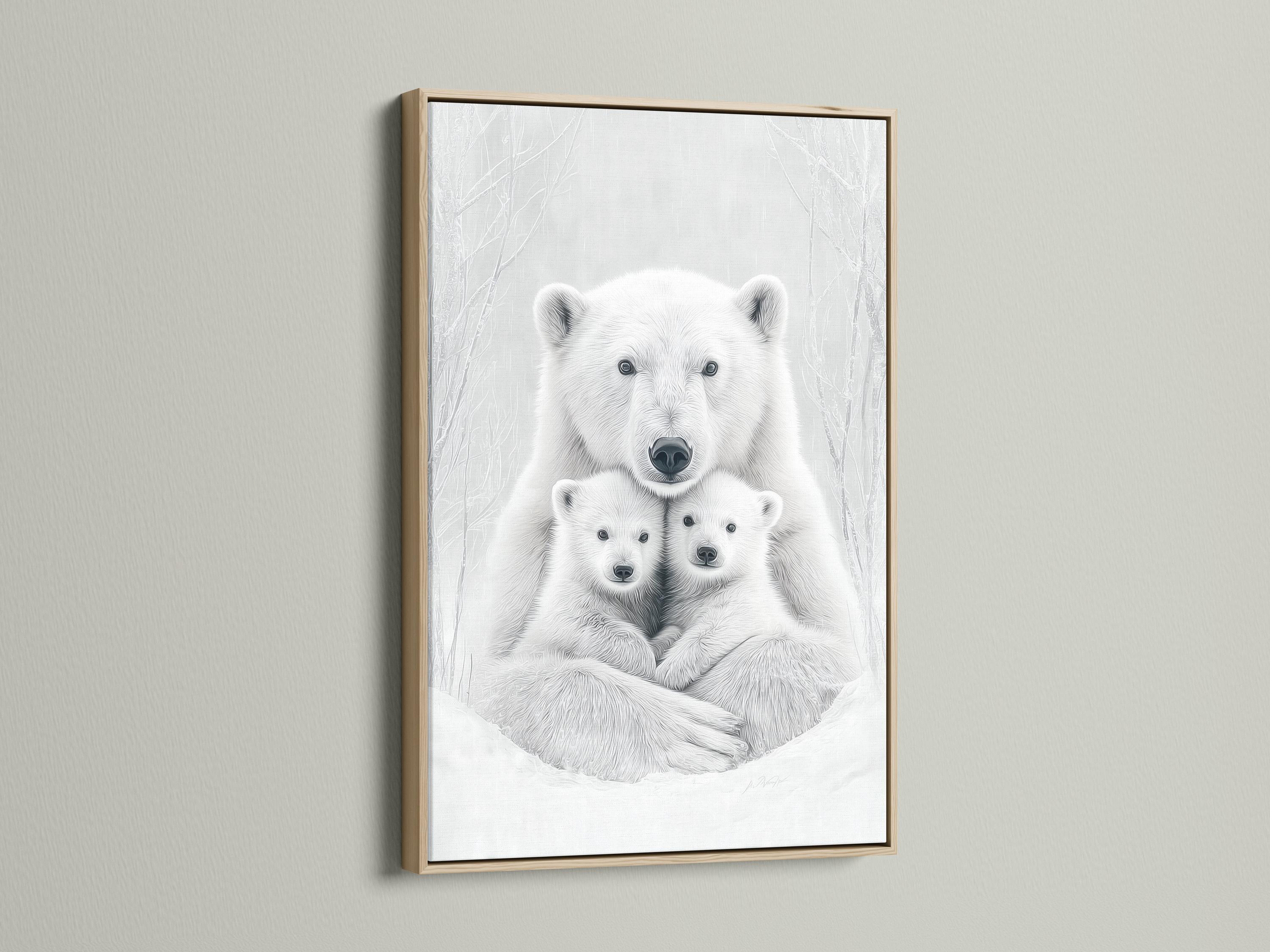 Monochrome polar bear mother and two cubs with faint winter tree-branch outlines detail view