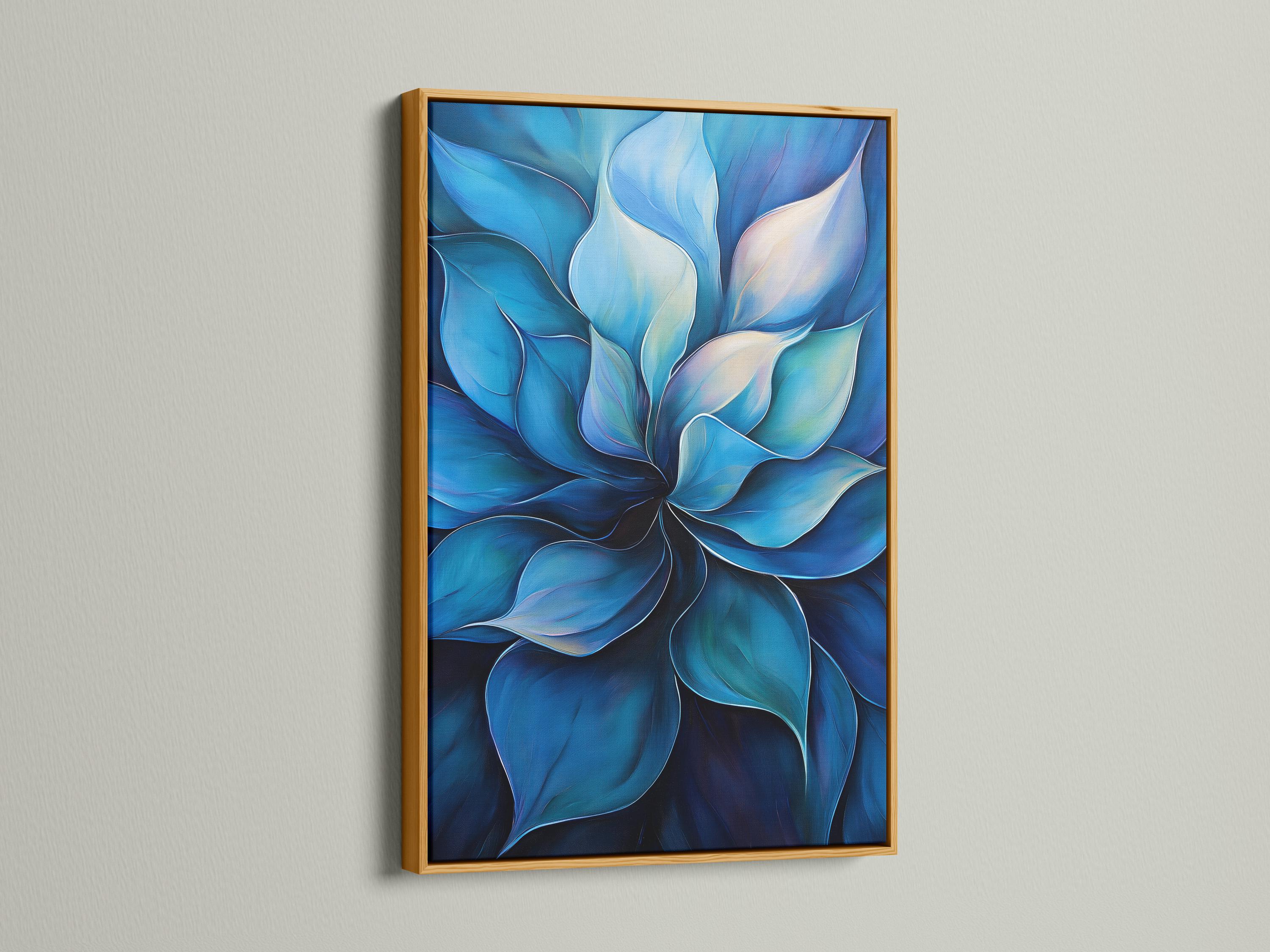 Blue abstract botanical artwork with layered petals and ivory highlights detail view