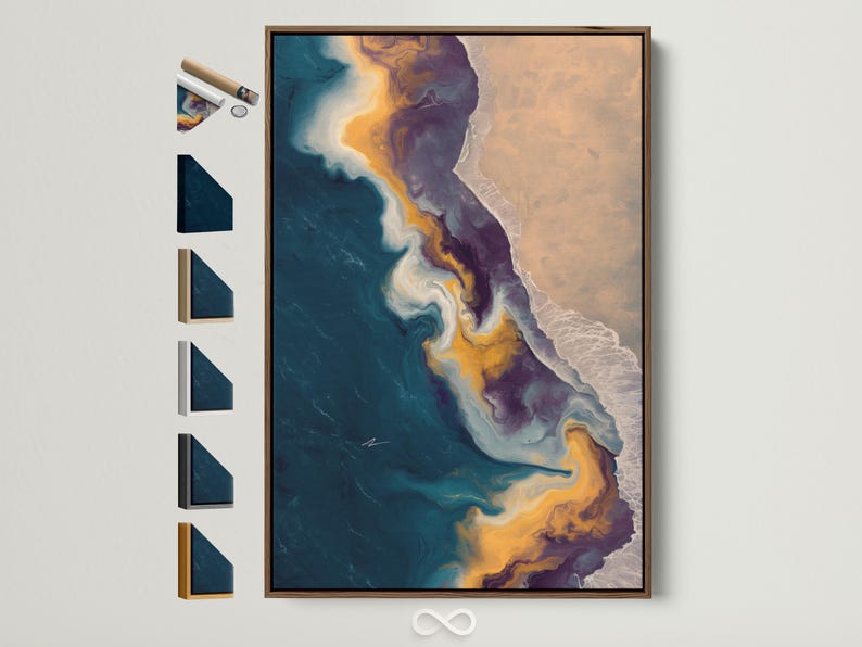 Abstract seascape with teal and navy ocean swirls, gold highlights and a pale sandy shoreline