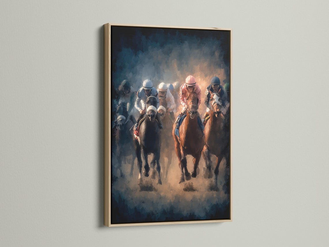 Horse racing artwork showing jockeys riding racehorses in smoky blue haze with warm orange highlights detail view