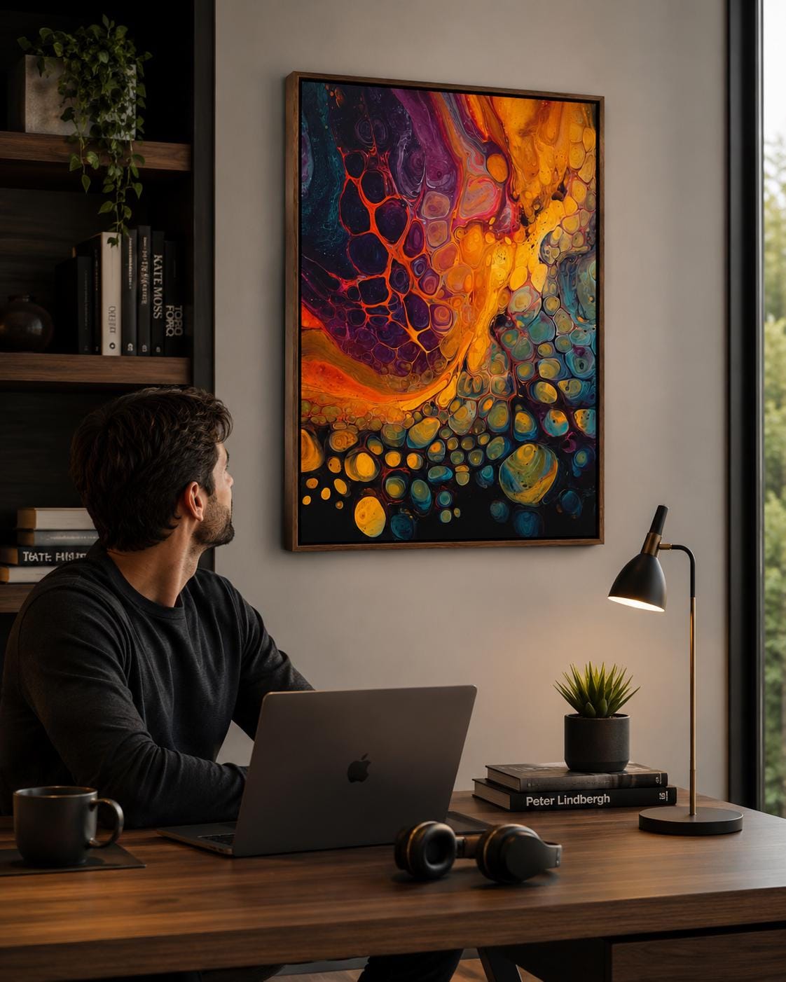 Abstract fluid artwork with gold, purple, teal and orange flowing bubble-like shapes detail view