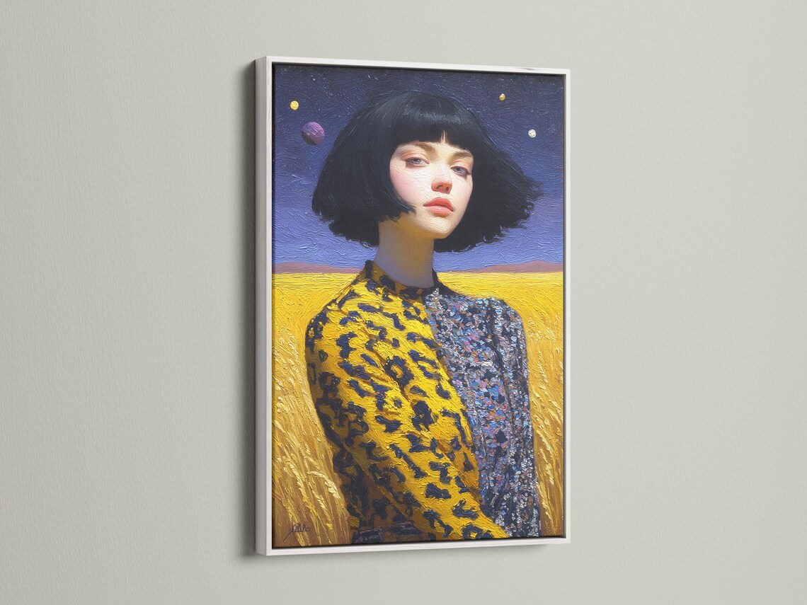 Stylised woman portrait with bob haircut against starry blue sky and golden landscape detail view