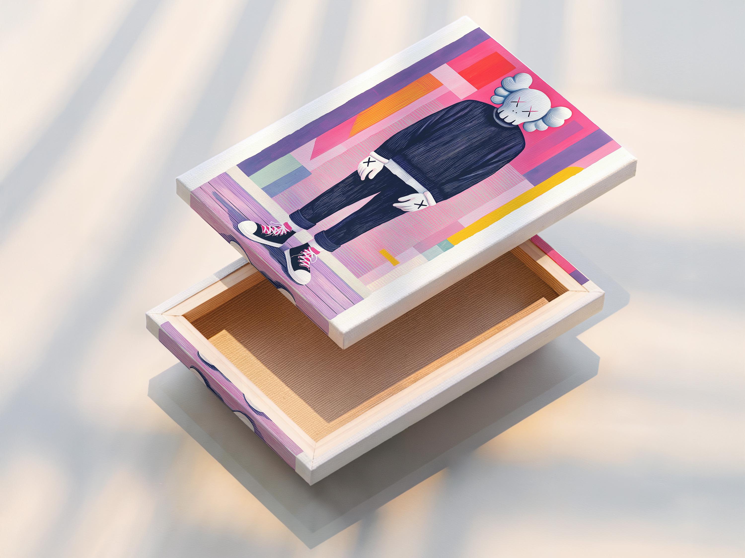 Room mockup showing a framed artwork with a pop-art figure and pink and purple geometric background