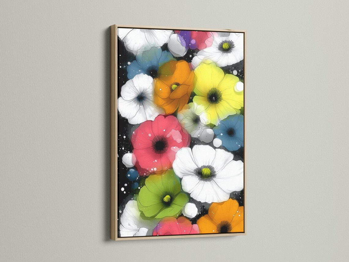 Wall mockup featuring a framed floral artwork with bright poppy-like flowers