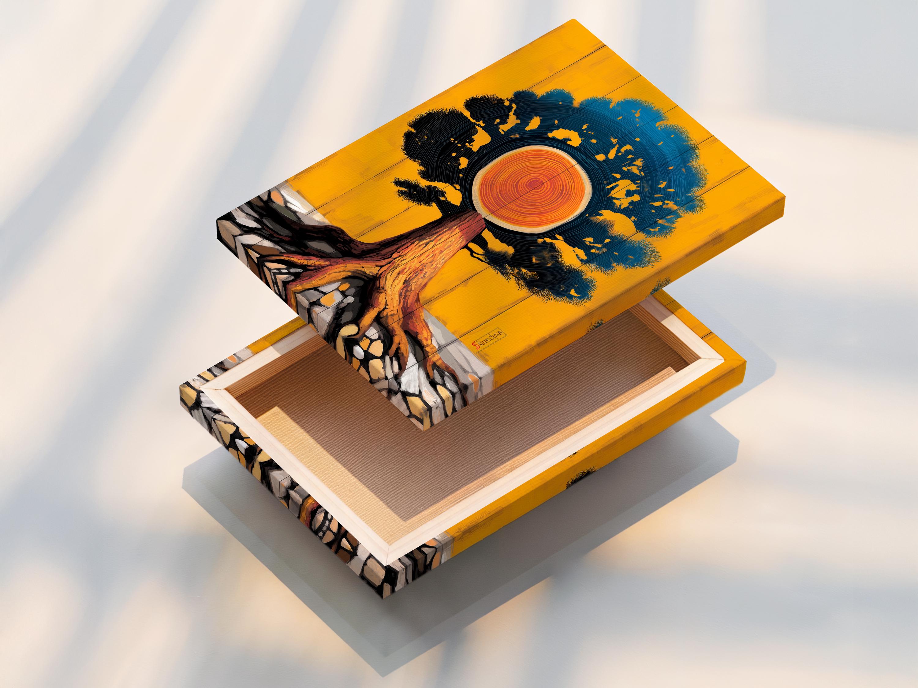 Stylised tree trunk and concentric tree rings with teal wave-like canopy on a gold background detail view