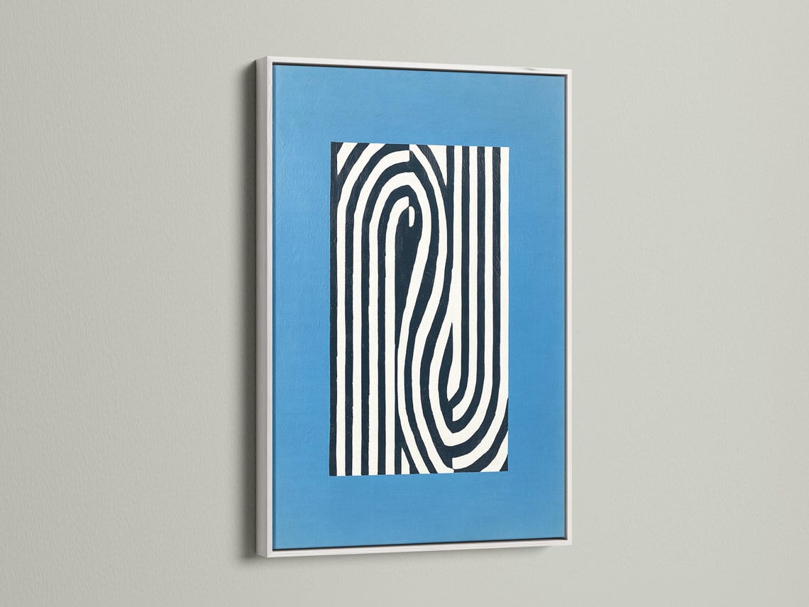 Abstract blue artwork with black and white vertical stripes and curved concentric lines detail view