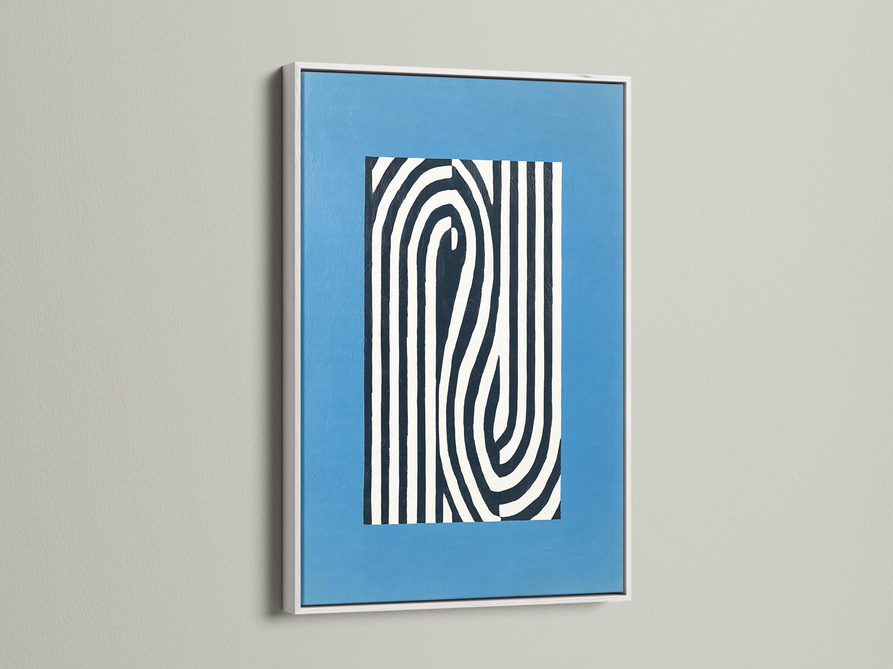 Abstract blue artwork with black and white vertical stripes and curved concentric lines detail view