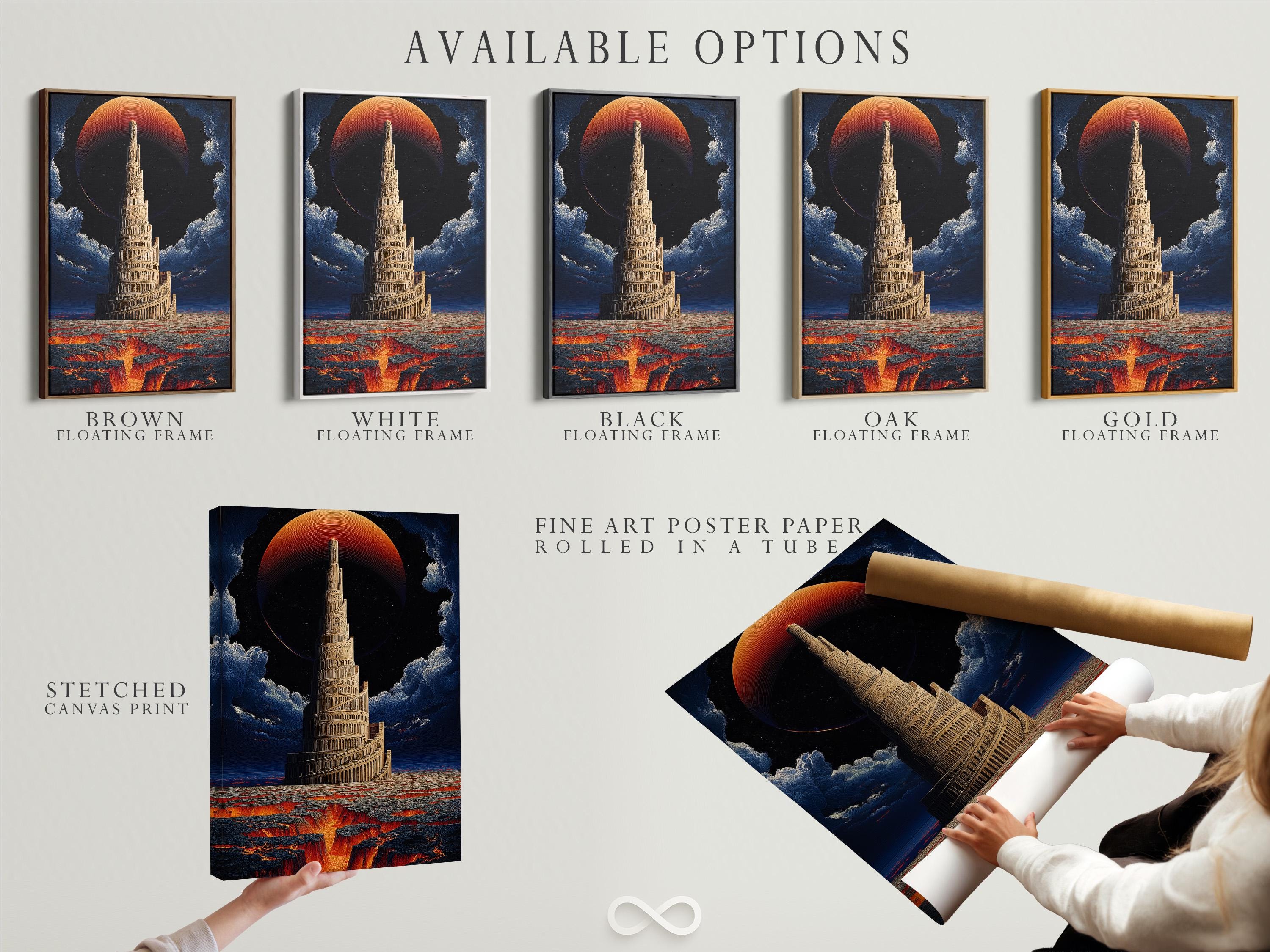 Surreal tall tower artwork with a red-orange sun, clouds, and a lava-like landscape detail view