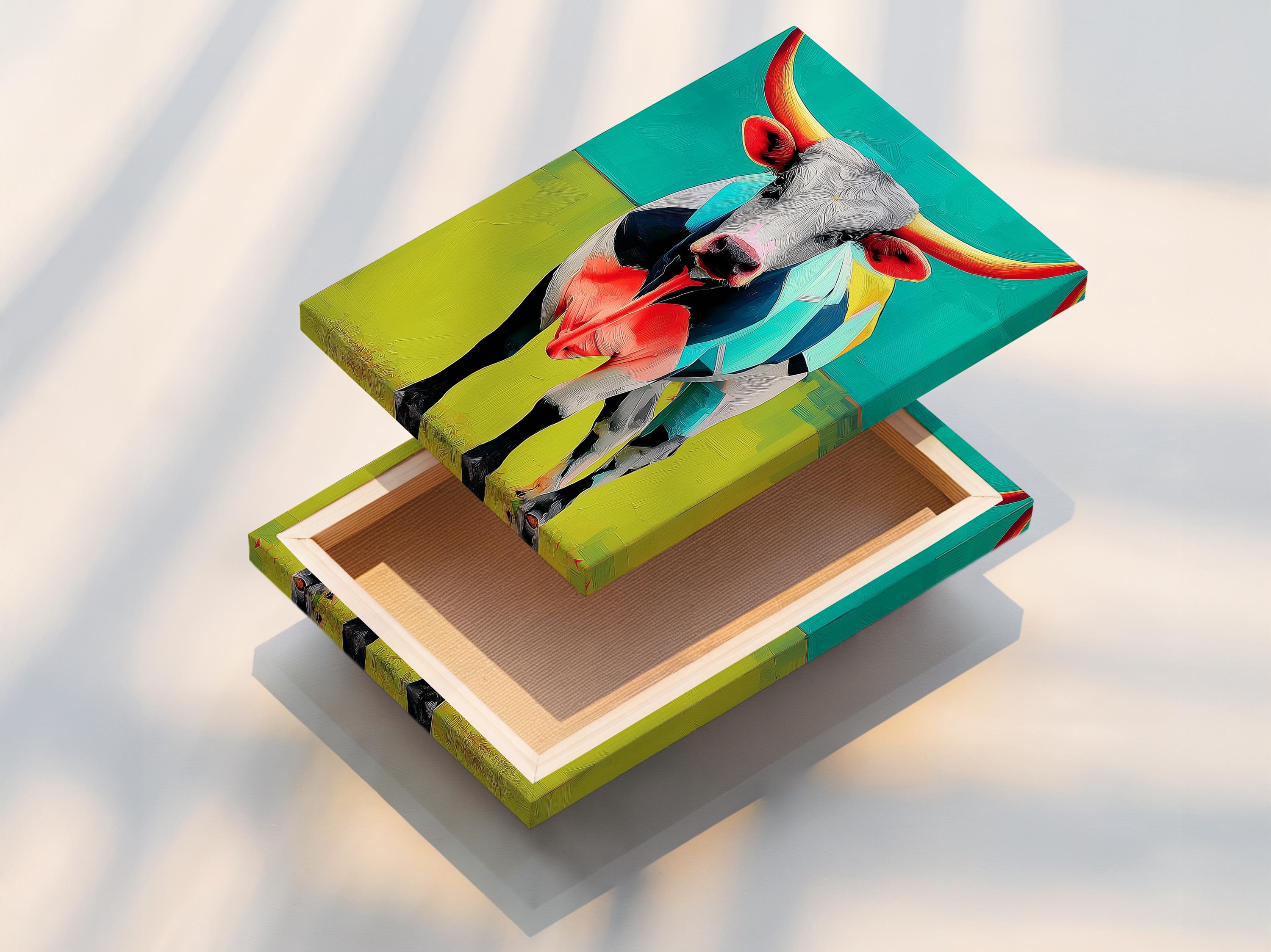 Room mockup with a framed longhorn steer artwork on a wall above a green upholstered sofa and dining table