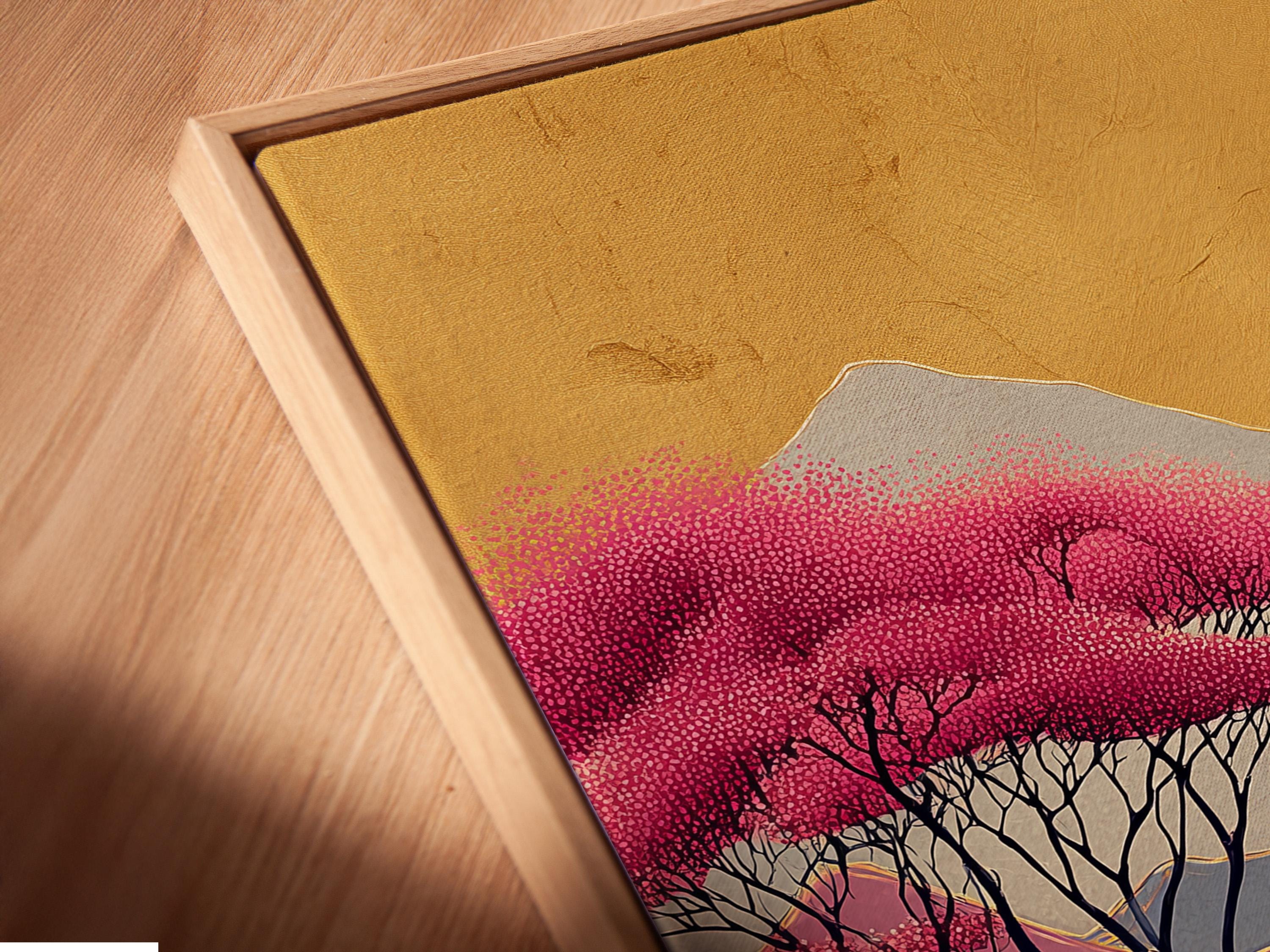 Painterly mountain landscape with blush-pink blossom trees, layered ridges and a pale moon in warm gold tones detail view
