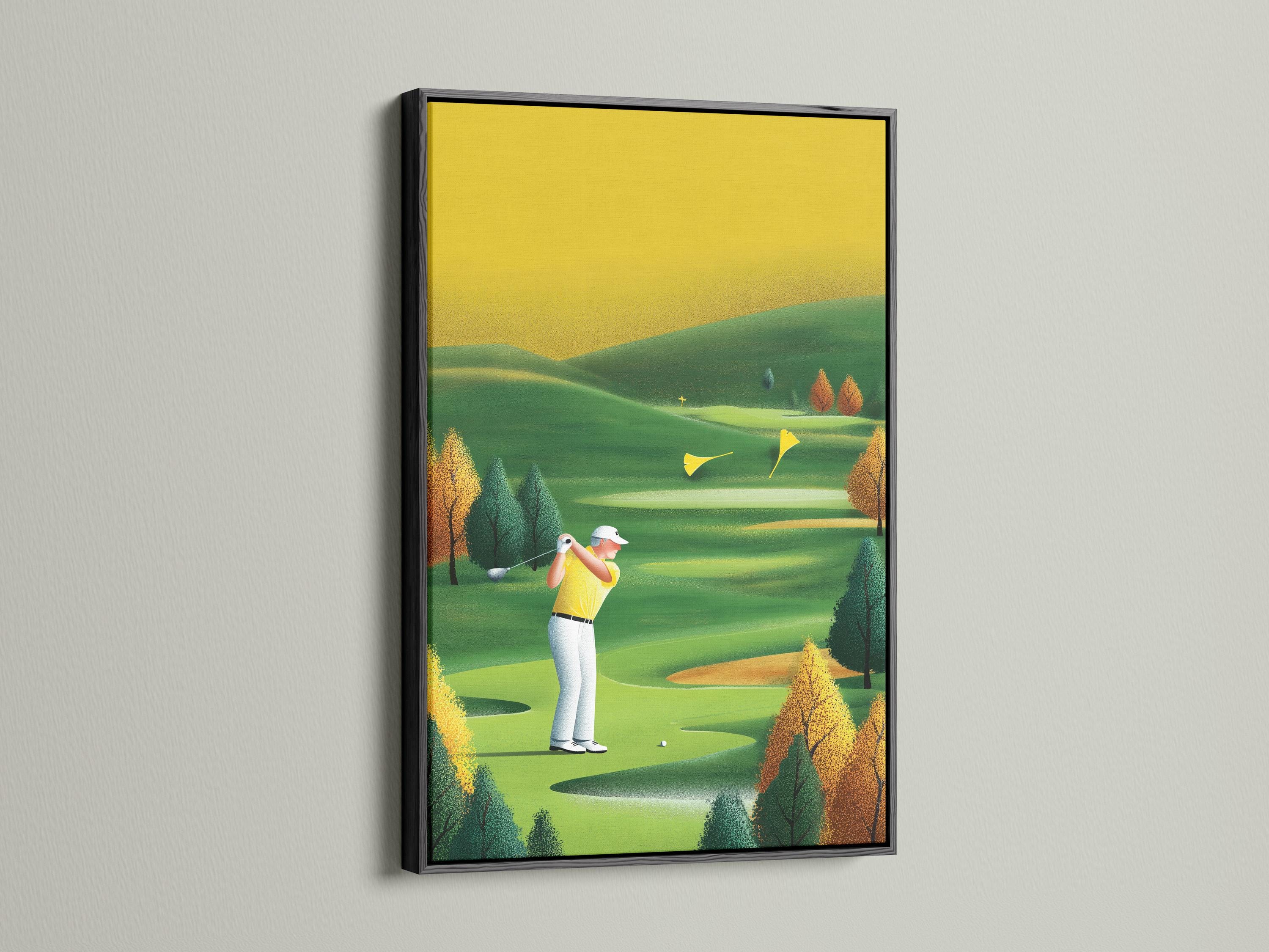 A stylised golf course scene with a golfer mid-swing and rolling green fairways detail view