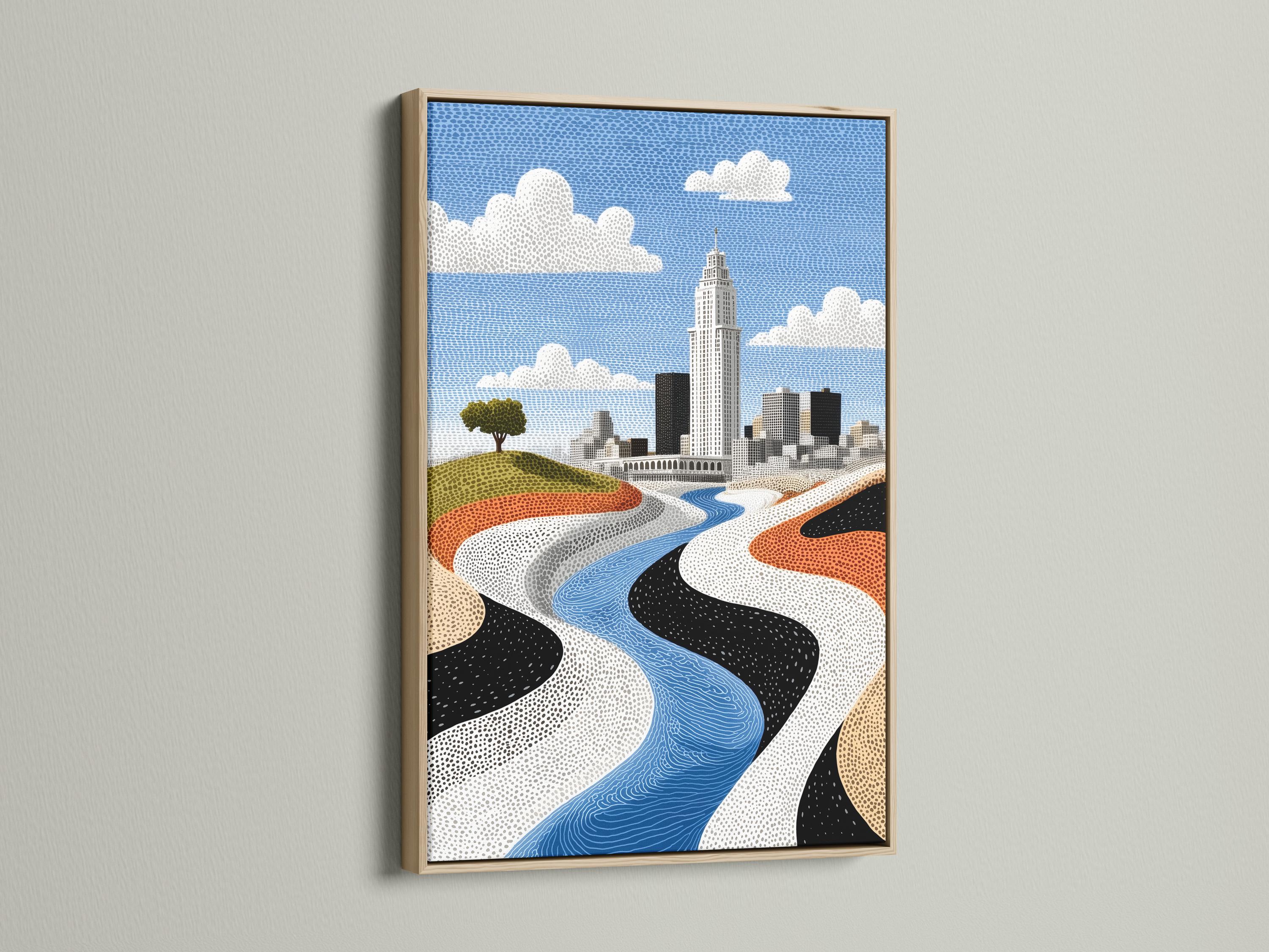 Room mockup showing a framed cityscape artwork with a blue river and skyline