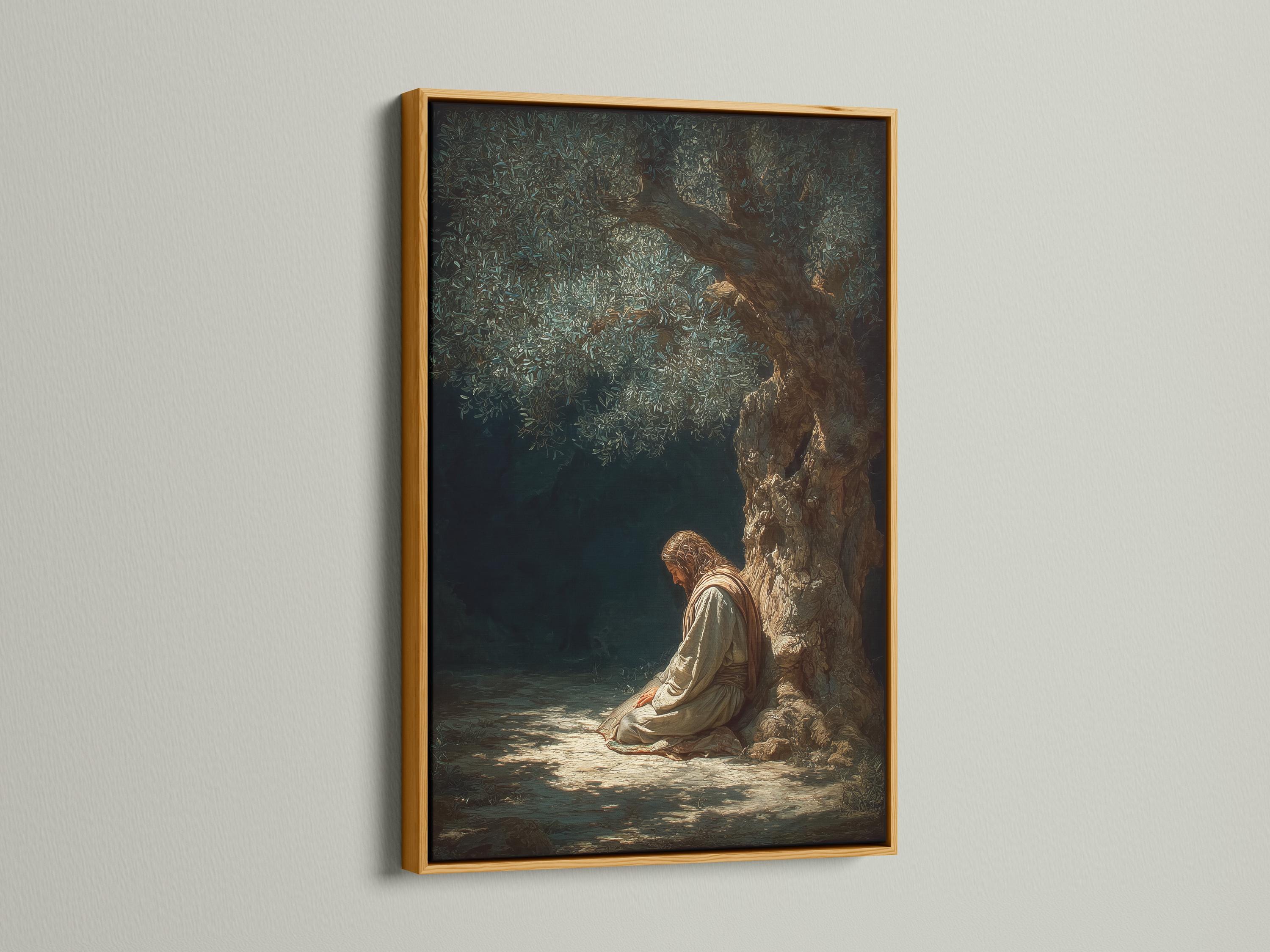 Olive tree praying figure artwork with muted greens and warm gold highlights detail view