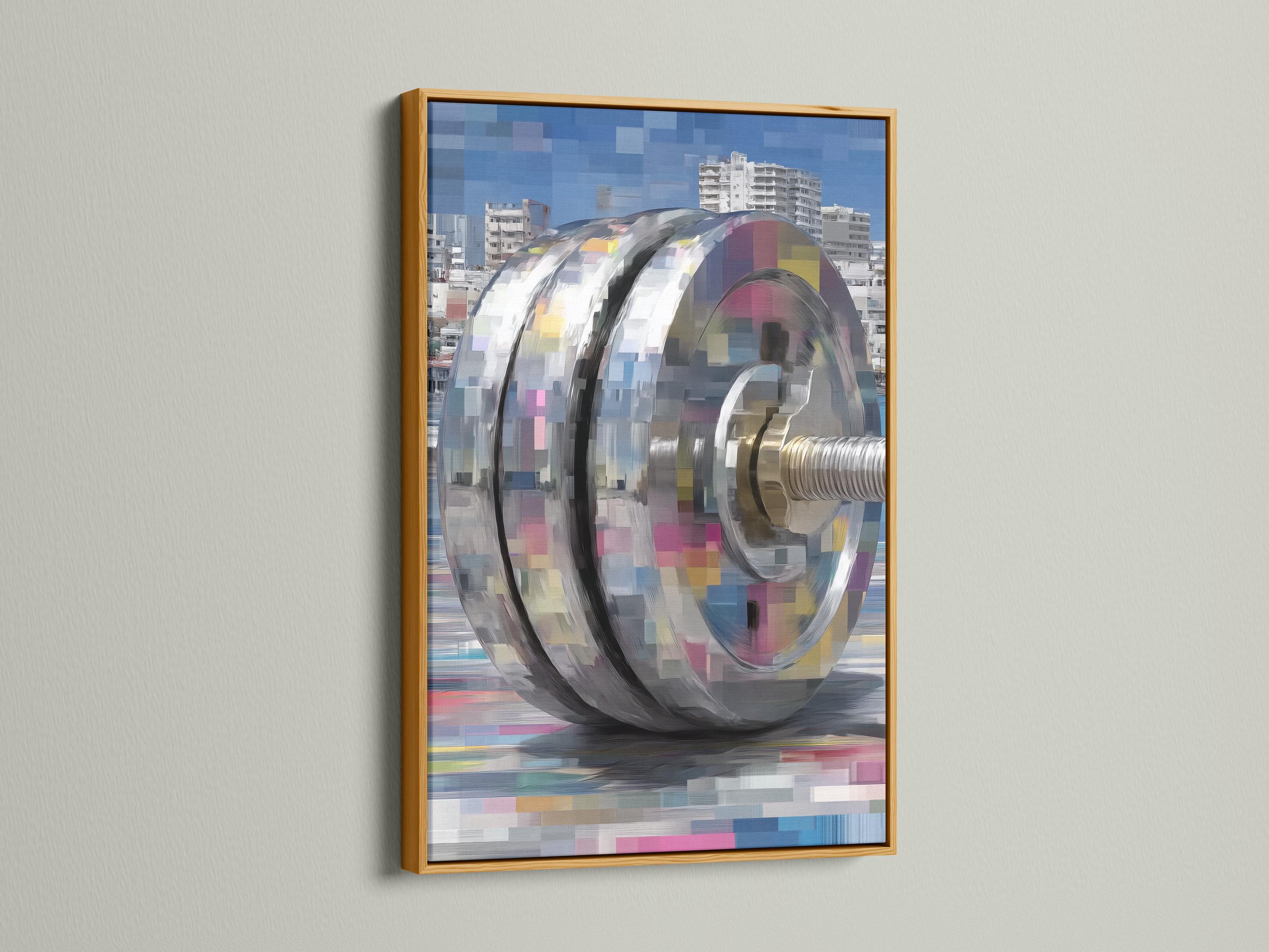 Stylised barbell end with curved motion arcs over a blocky city skyline in blue tones detail view