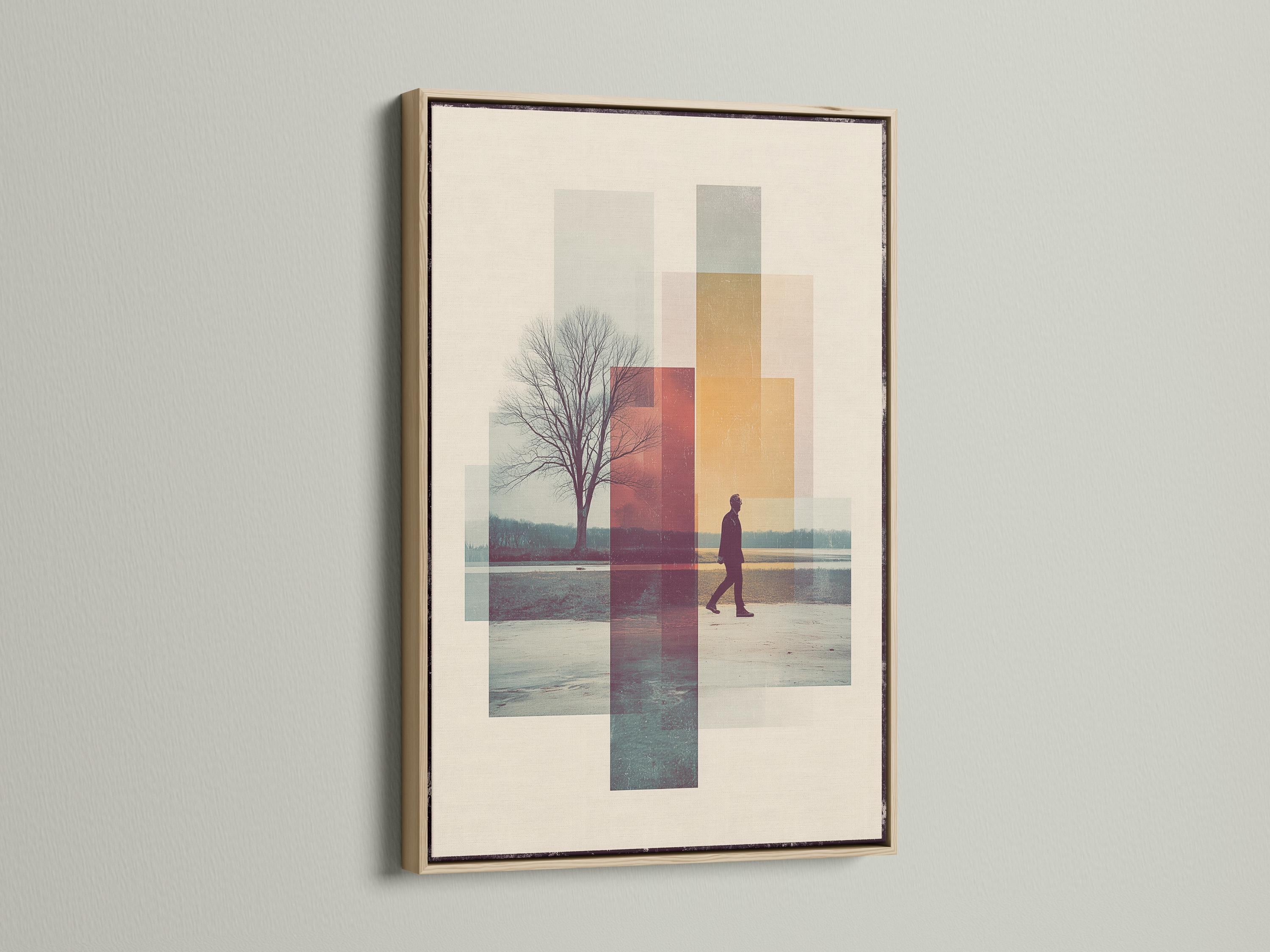 Beige abstract geometric landscape with a leafless tree and a walking figure detail view