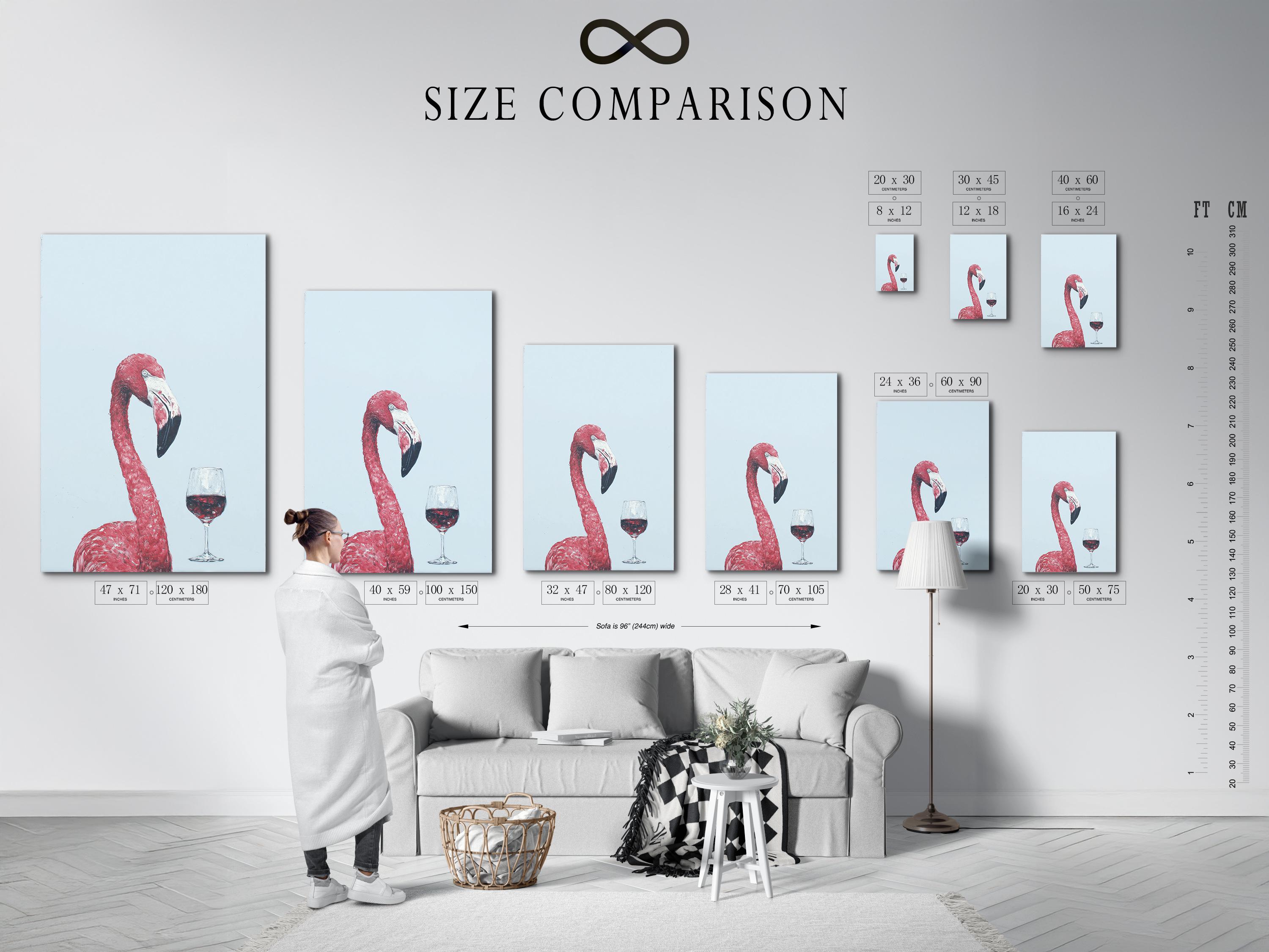 A pink flamingo is painted against a pale blue background, balancing a glass of red wine, with painterly speckled texture and soft contrast detail