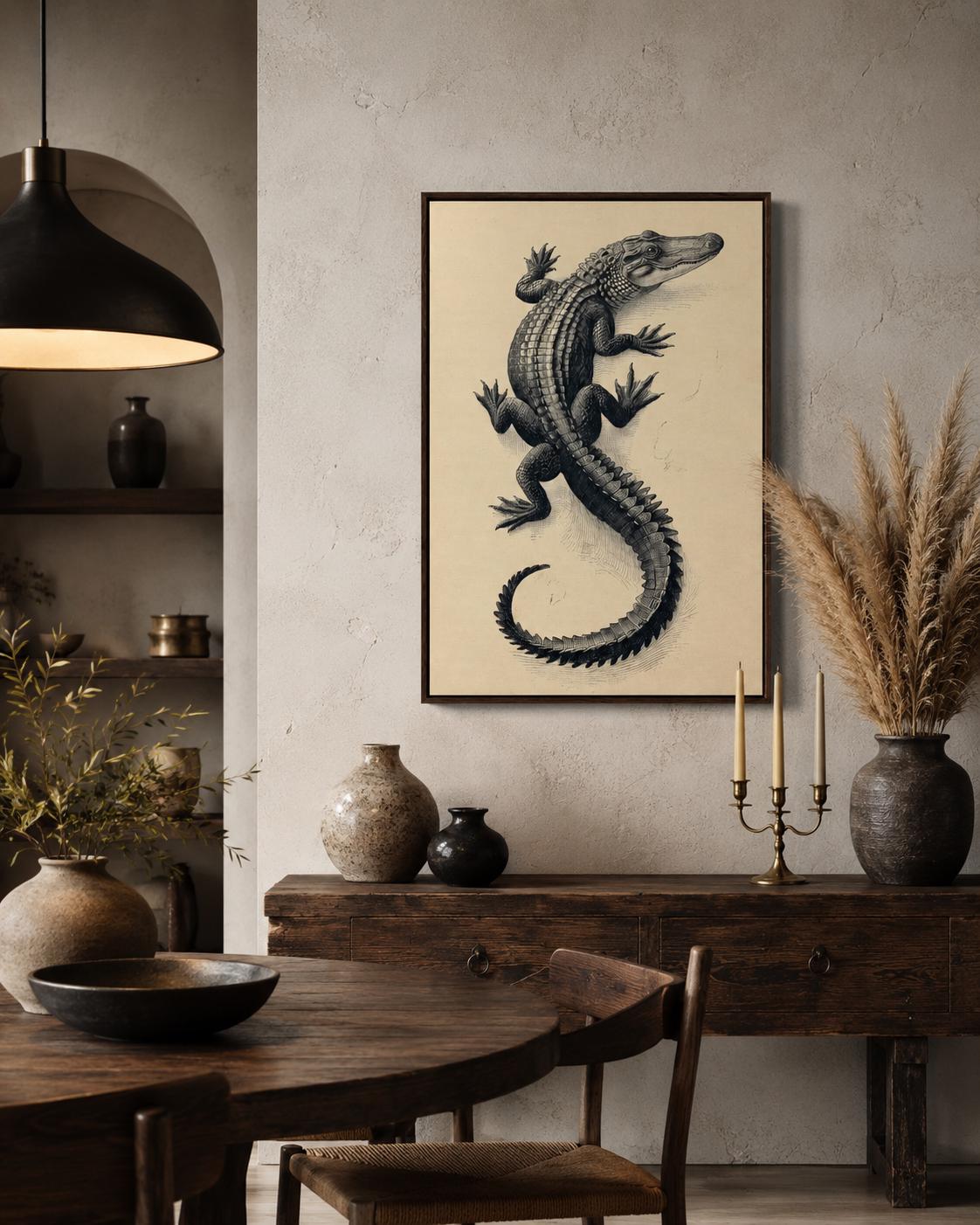 Room mockup showing framed alligator illustration above a wooden desk