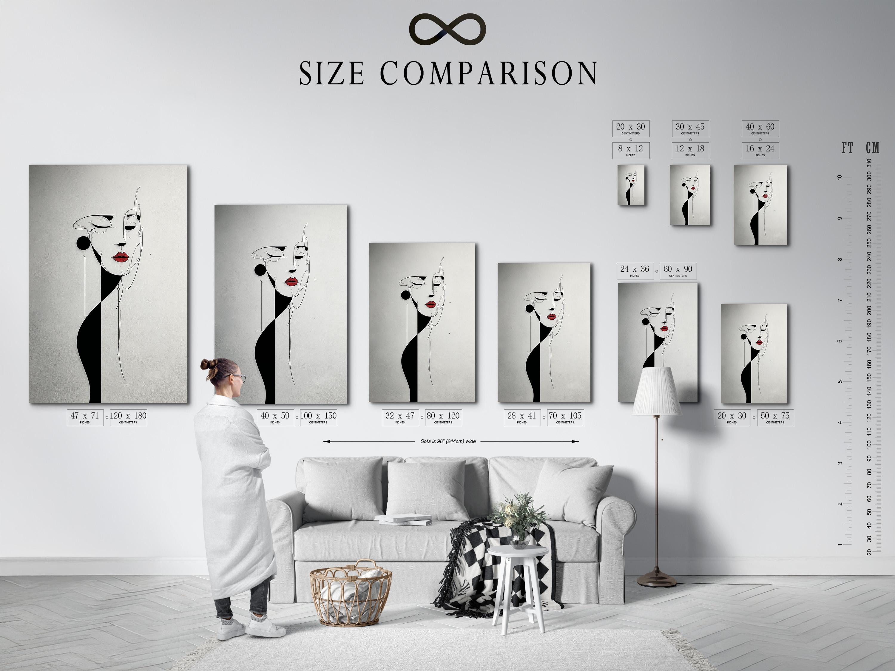 Minimalist black and white line-art woman face with red lips accent detail view