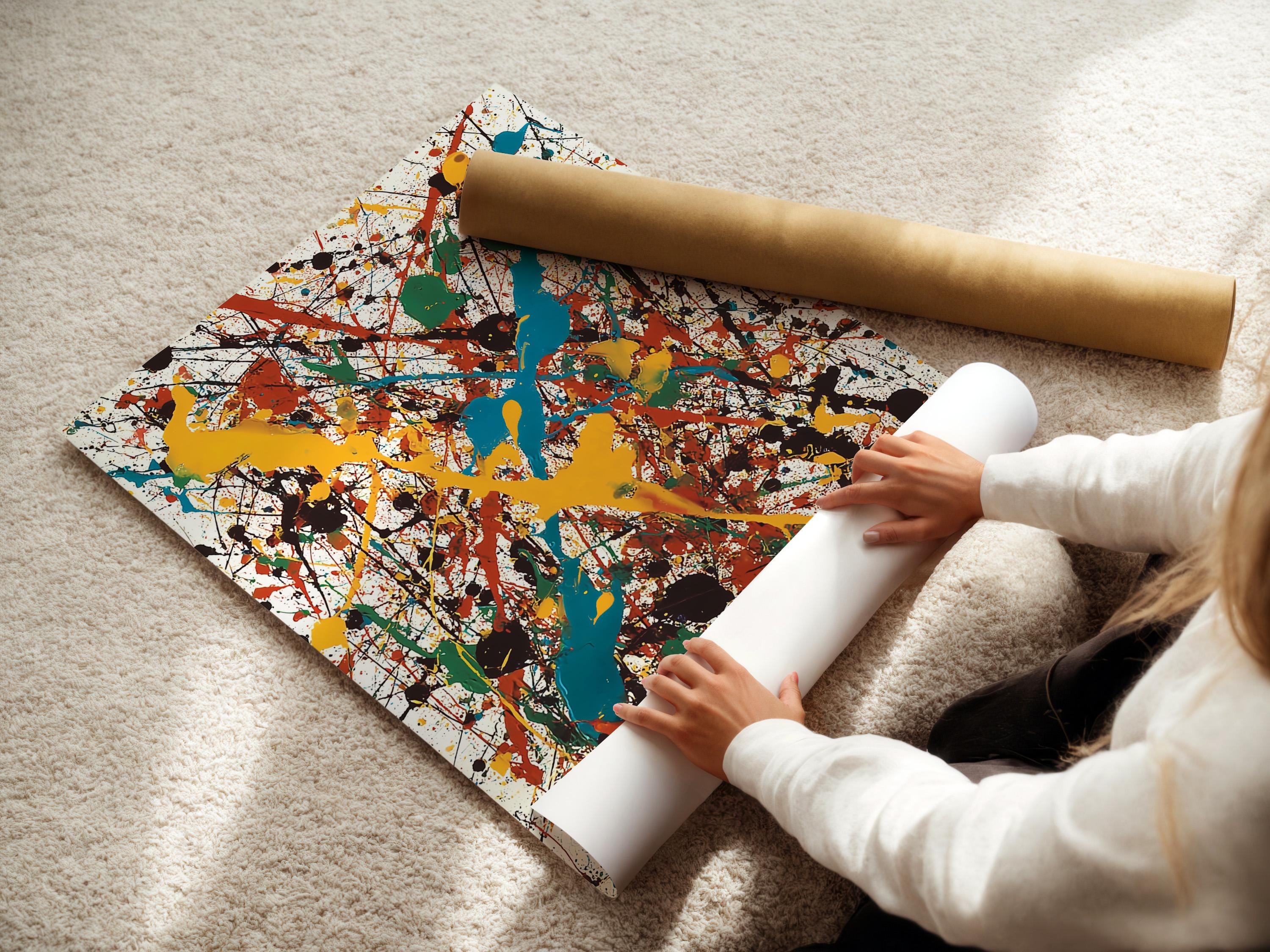 Abstract splatter artwork with layered blue, teal, yellow, red and green shapes on a white background detail view