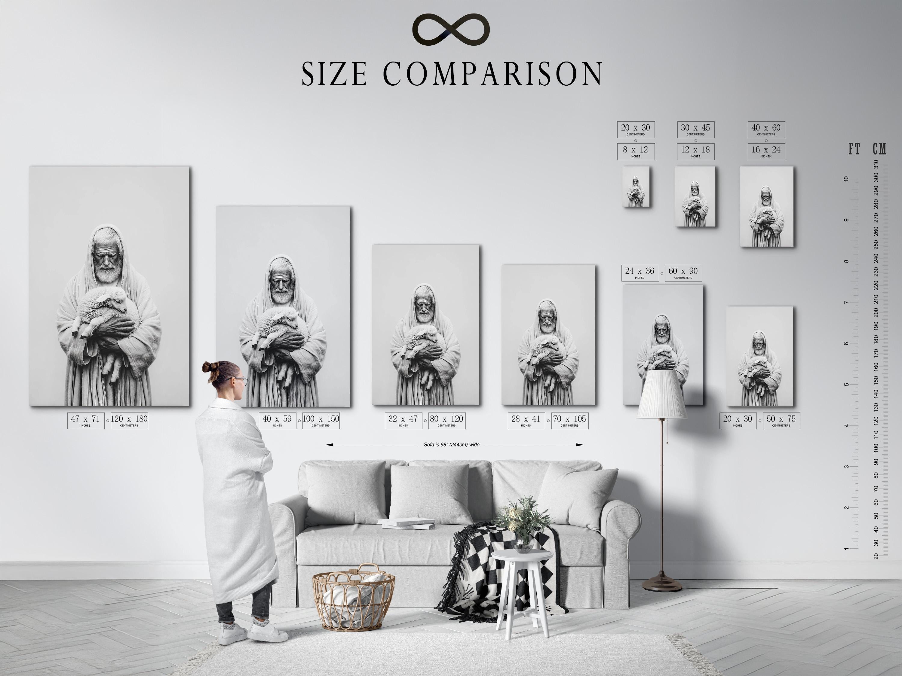 Room mockup showing a framed black-and-white portrait of a hooded shepherd holding a lamb