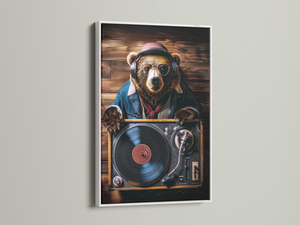 DJ bear wearing headphones and glasses behind a turntable with a vinyl record, set against dark wood planks detail view