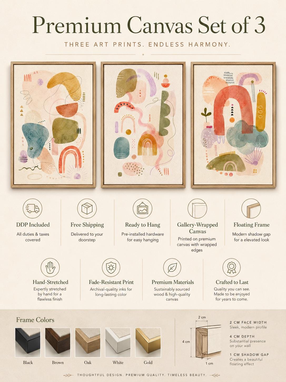 Three pastel abstract panels show organic geometric shapes, doodle-like lines and dots arranged in collage-style compositions within light cream